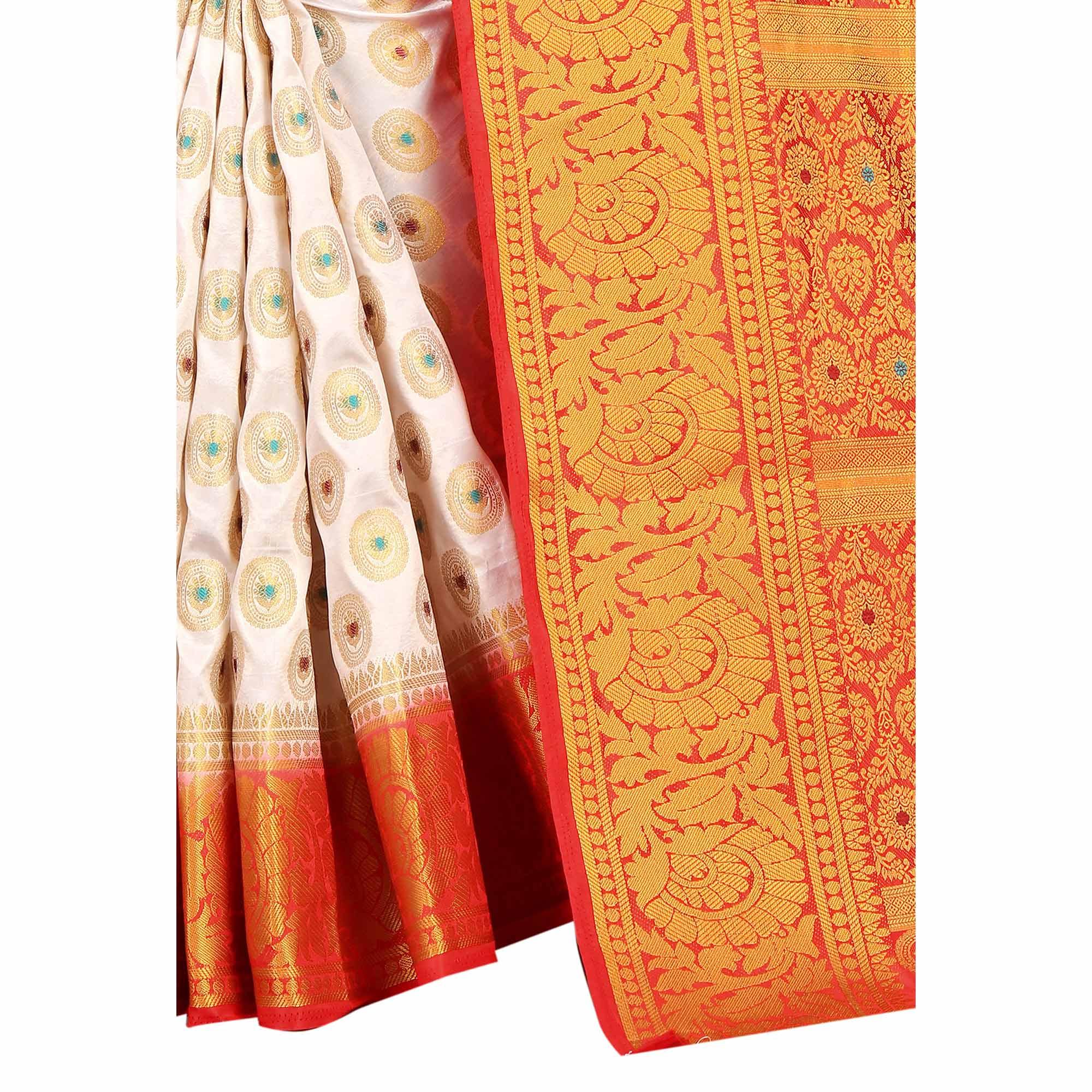 Breathtaking White Colored Festive Wear Woven Art Silk Saree - Peachmode