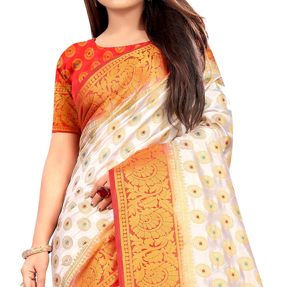 Breathtaking White Colored Festive Wear Woven Art Silk Saree - Peachmode