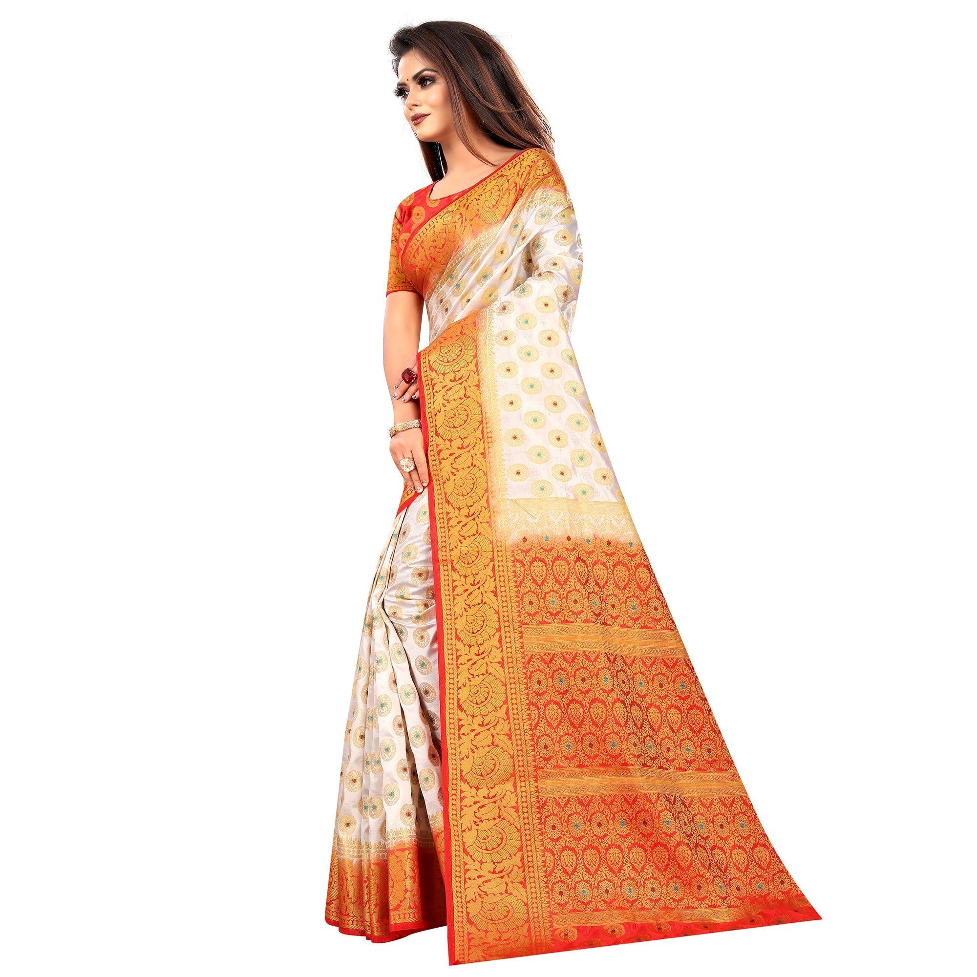 Breathtaking White Colored Festive Wear Woven Art Silk Saree - Peachmode