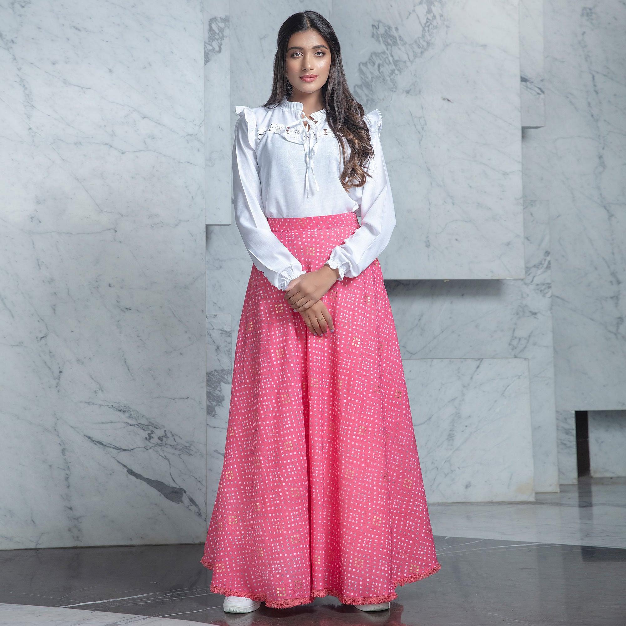 Breathtaking White Pink Colored Partywear Printed Cotton Top-Skirt Set M