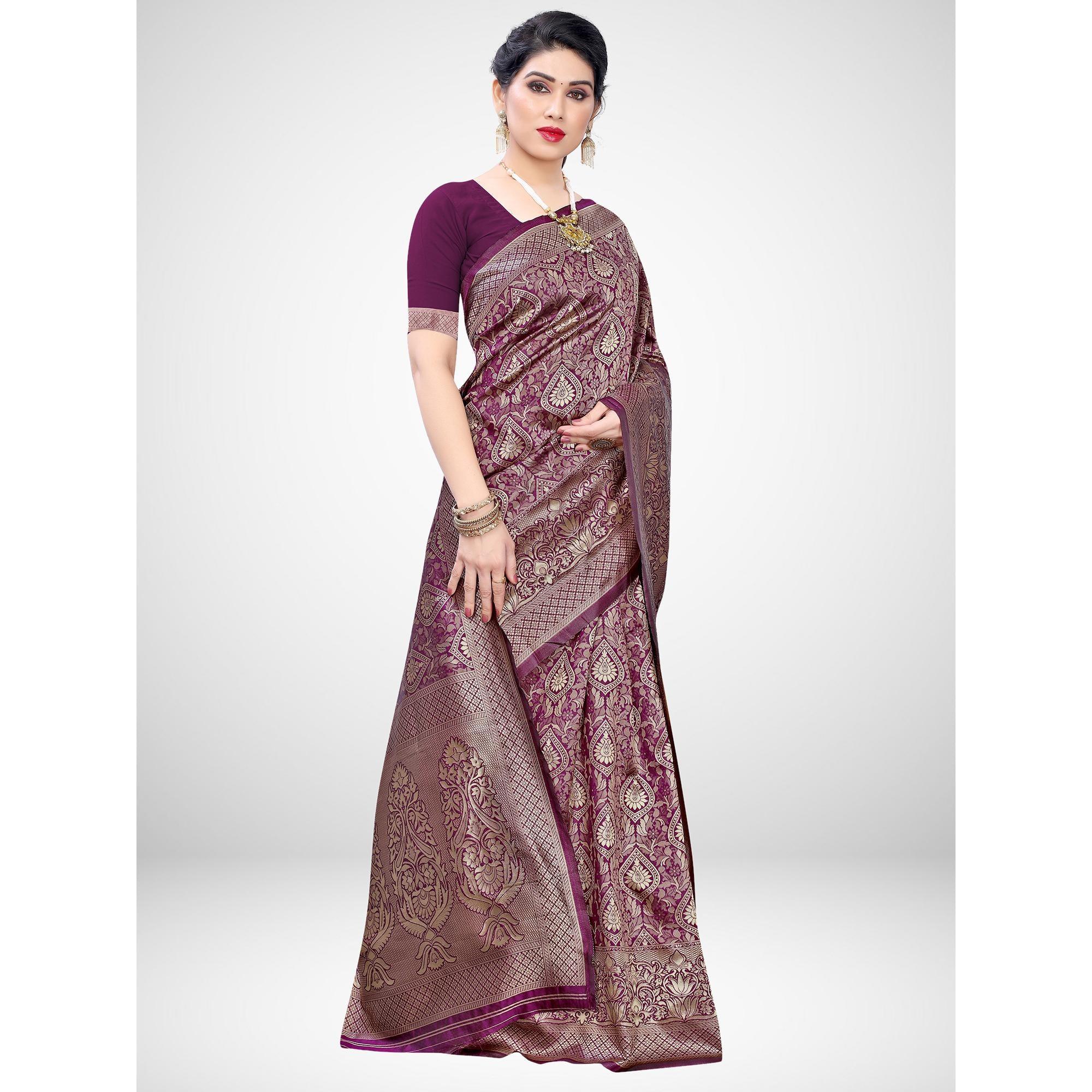 Breathtaking Wine Colored Festive Wear Woven Silk Blend Saree - Peachmode