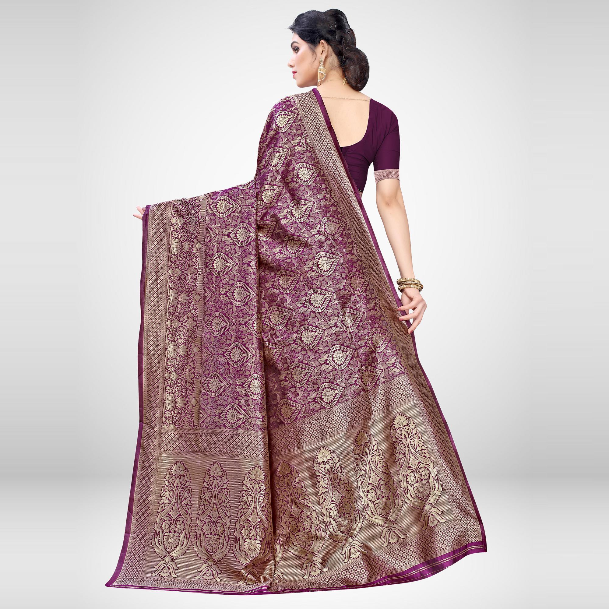Breathtaking Wine Colored Festive Wear Woven Silk Blend Saree - Peachmode