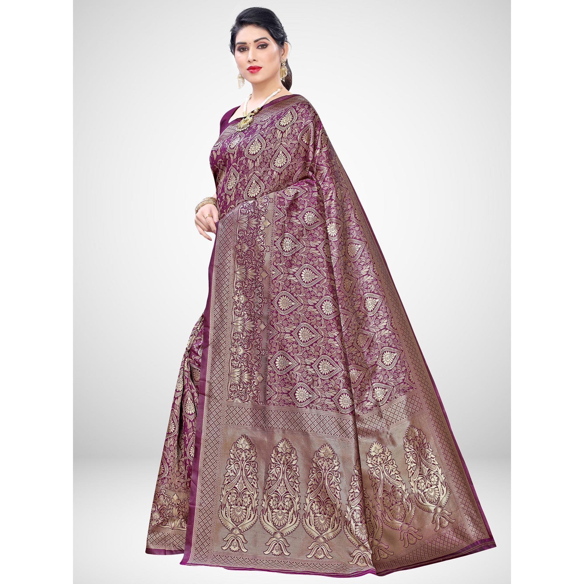 Breathtaking Wine Colored Festive Wear Woven Silk Blend Saree - Peachmode