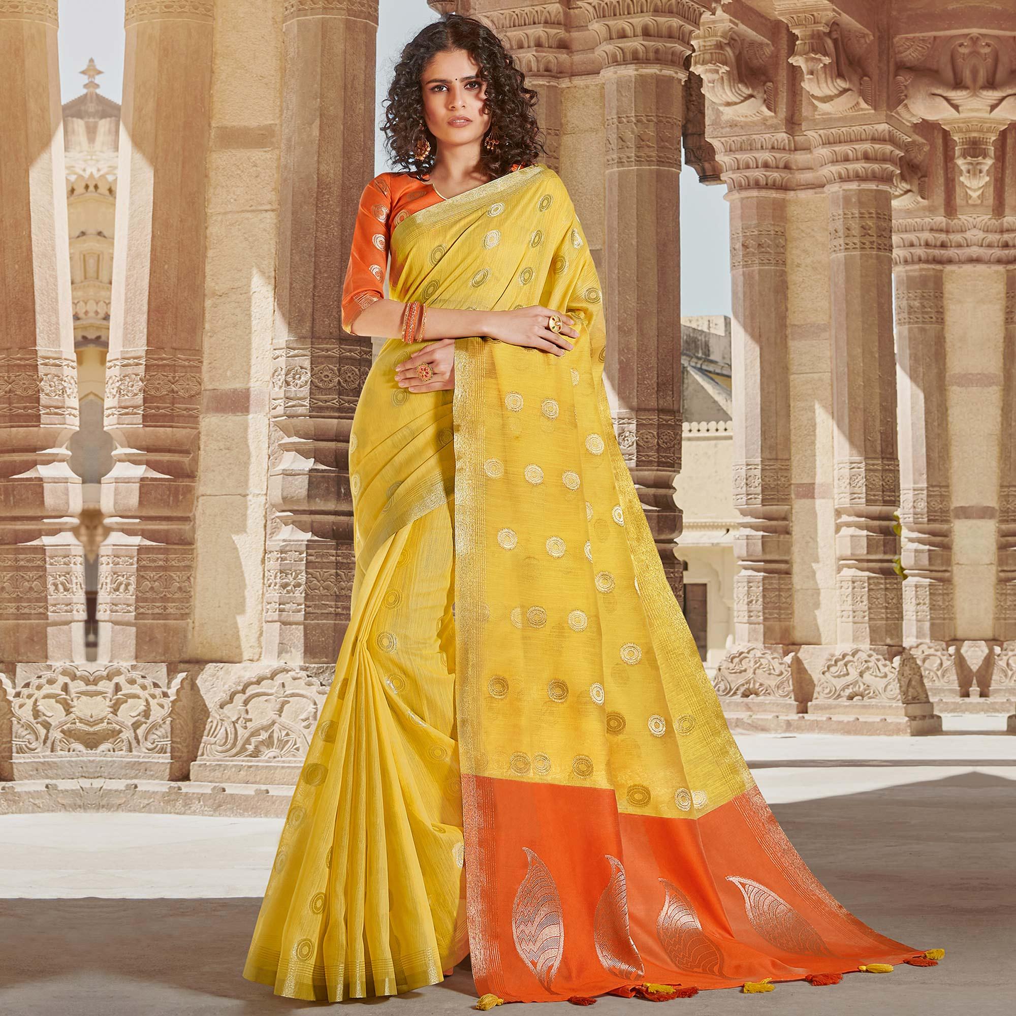 Breathtaking Yellow Colored Festive Wear Woven Linen Cotton Saree With Tassels - Peachmode