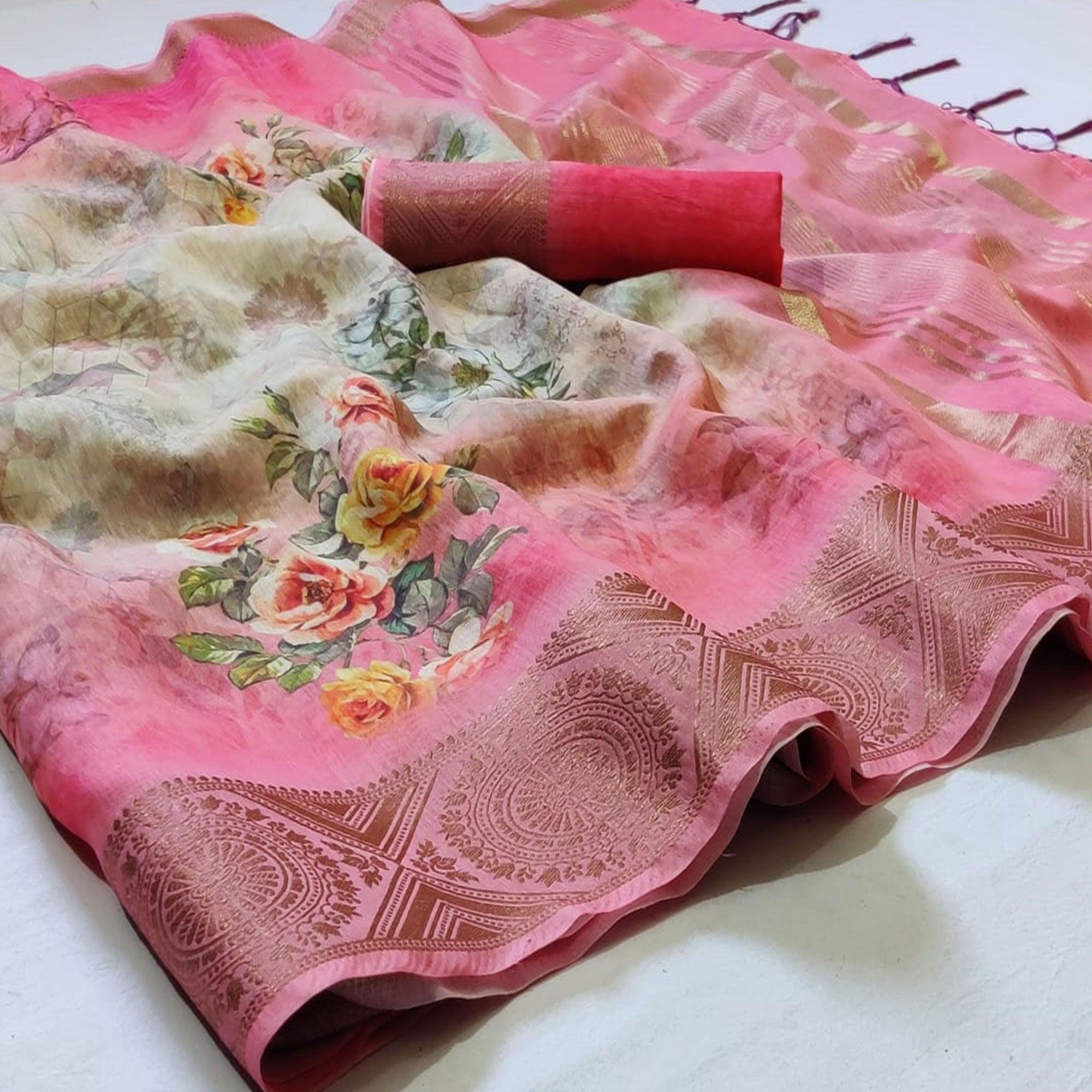 Breathtaking Yellow - Pink Colored Festive Wear Woven Banarasi Silk Saree - Peachmode
