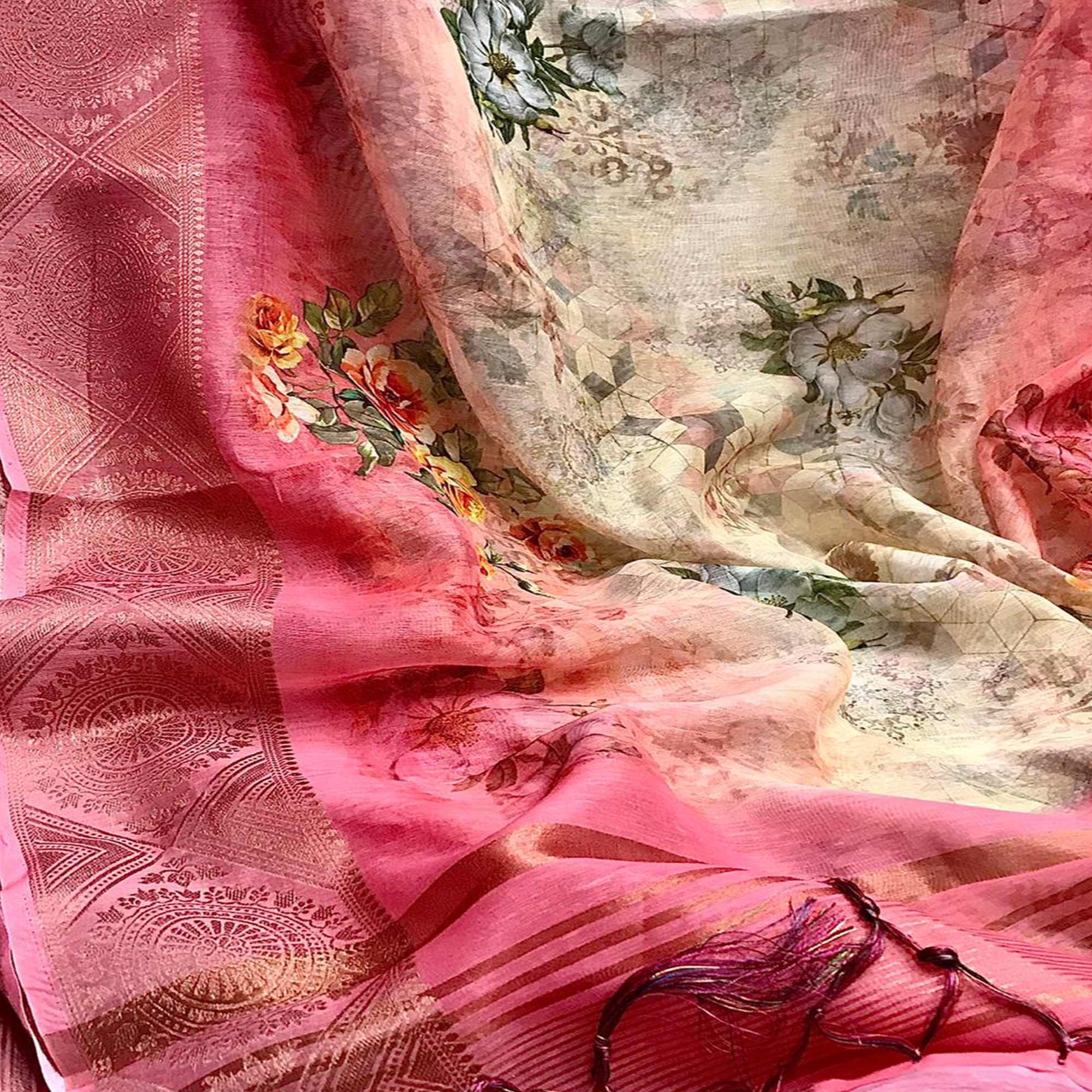 Breathtaking Yellow - Pink Colored Festive Wear Woven Banarasi Silk Saree - Peachmode