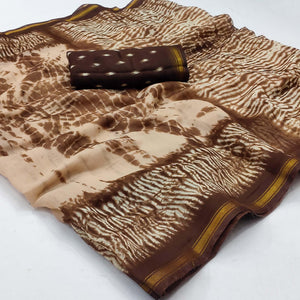 Brown Abstract Printed Cotton Blend Saree - Peachmode