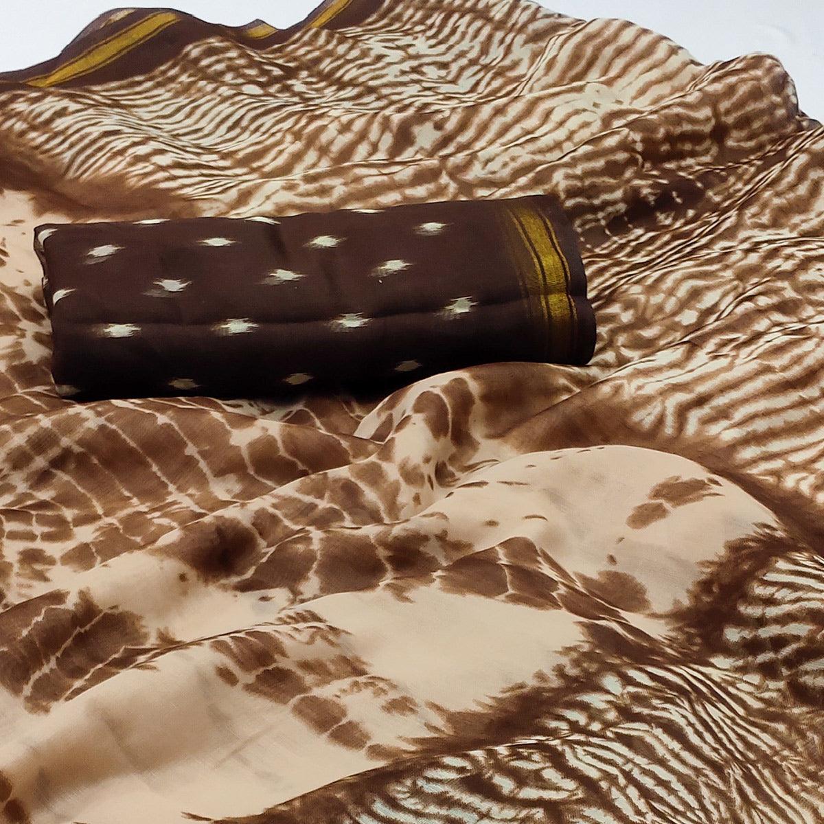 Brown Abstract Printed Cotton Blend Saree - Peachmode