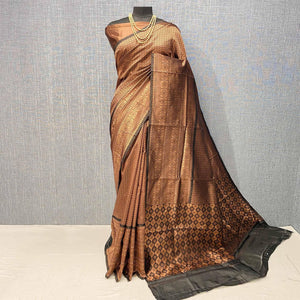Brown & Coffee Woven Banarasi Silk Saree - Peachmode