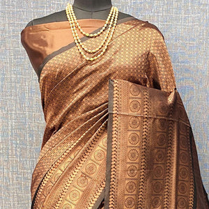 Brown & Coffee Woven Banarasi Silk Saree - Peachmode