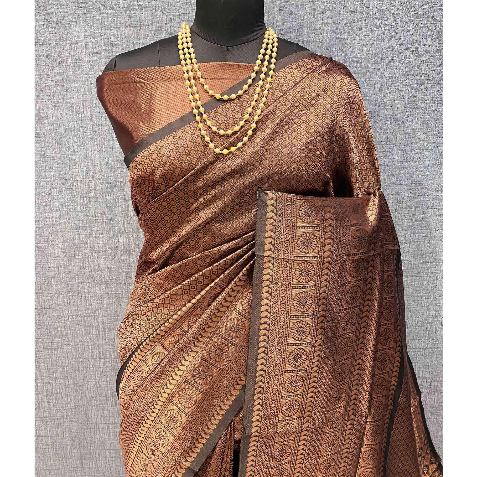 Brown & Coffee Woven Banarasi Silk Saree - Peachmode