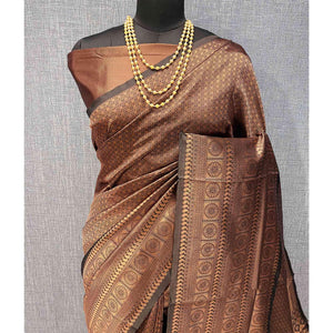 Brown & Coffee Woven Banarasi Silk Saree - Peachmode