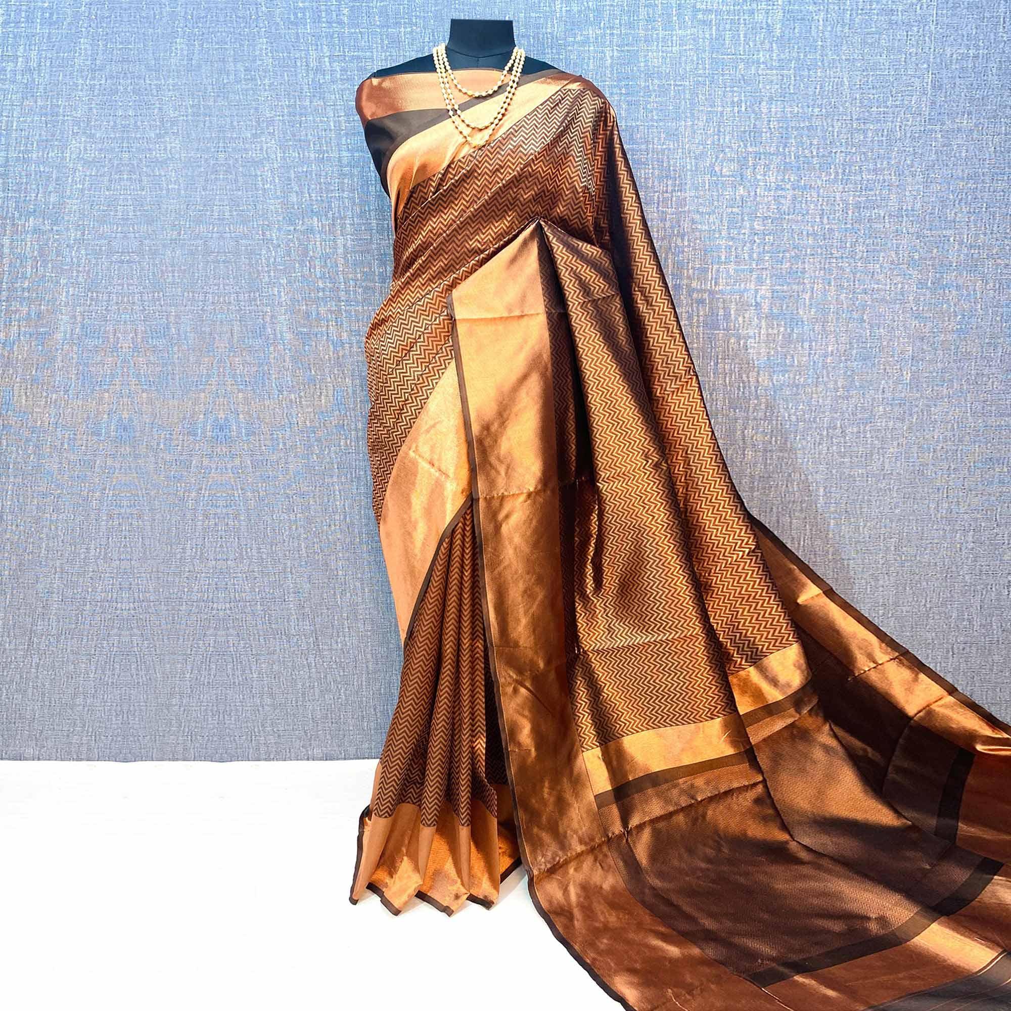 Brown & Golden Woven Banarasi Silk Saree - Peachmode
