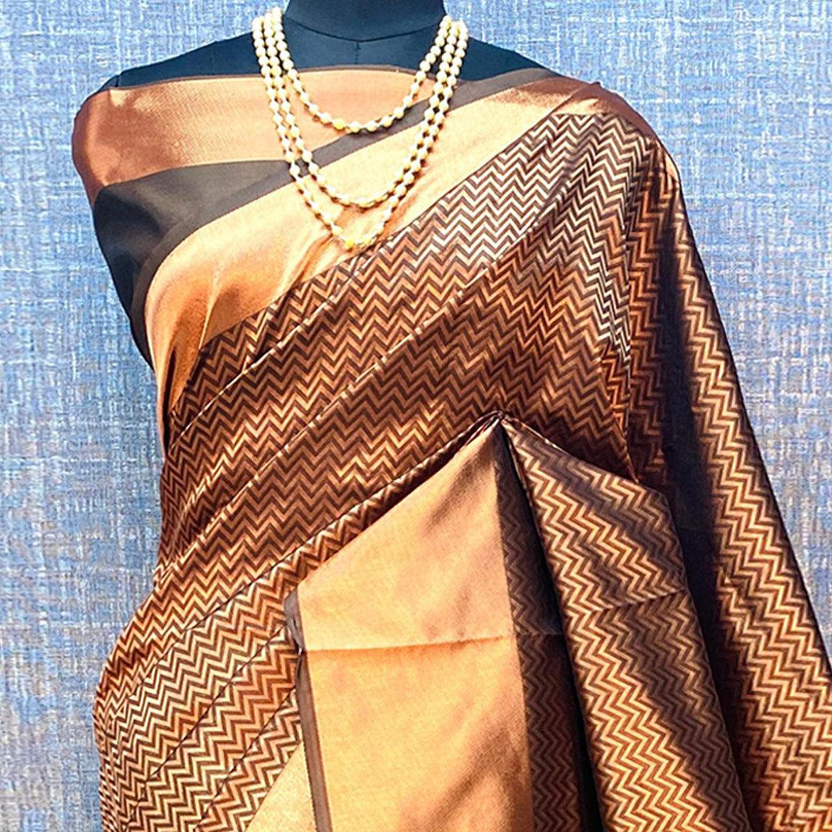 Brown & Golden Woven Banarasi Silk Saree - Peachmode