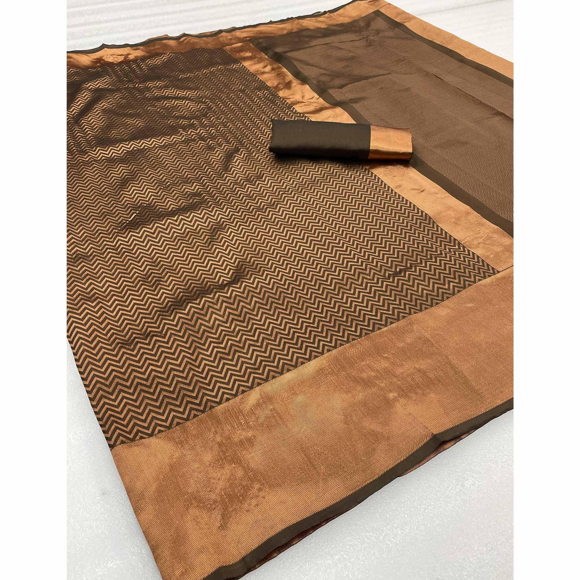 Brown & Golden Woven Banarasi Silk Saree - Peachmode