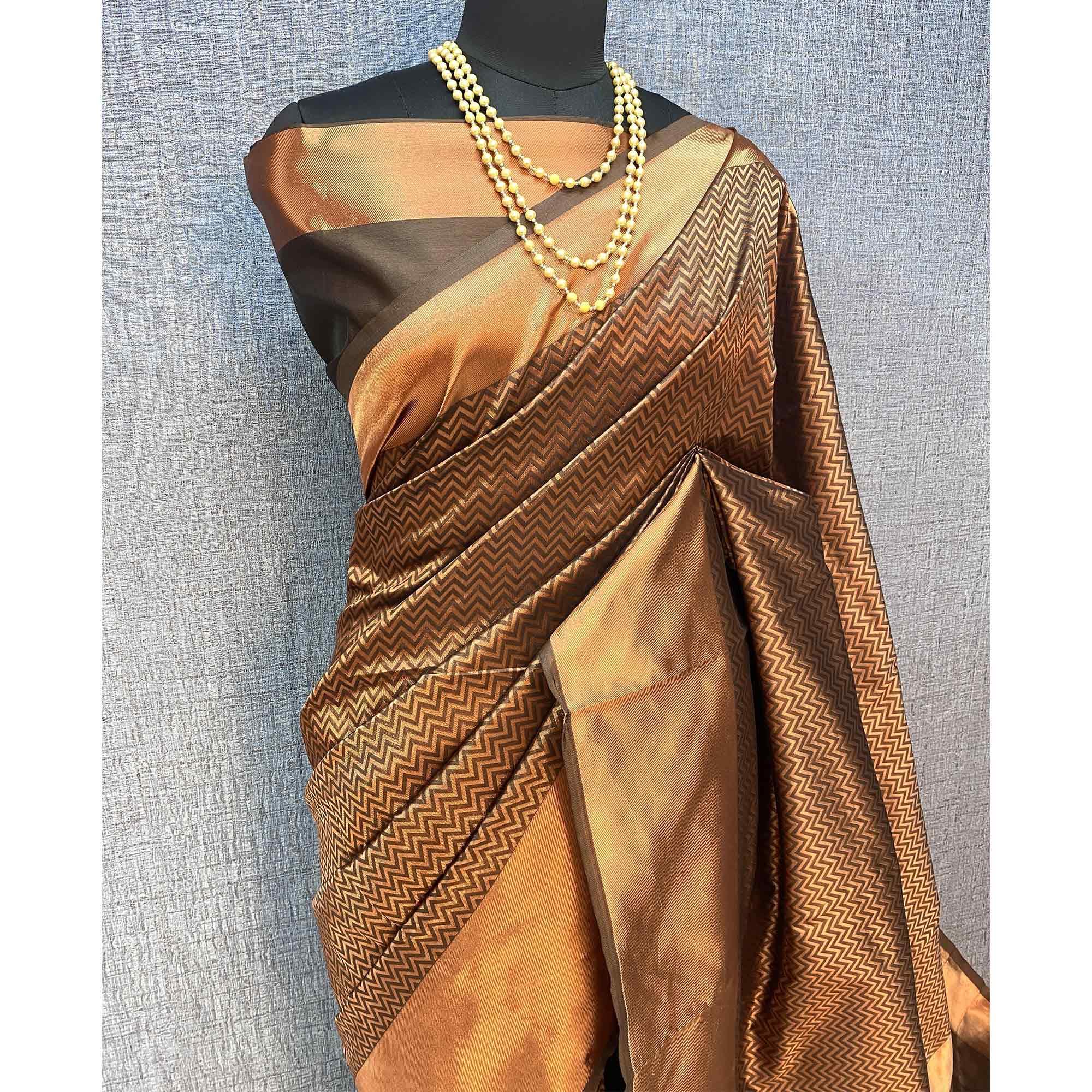 Brown & Golden Woven Banarasi Silk Saree - Peachmode