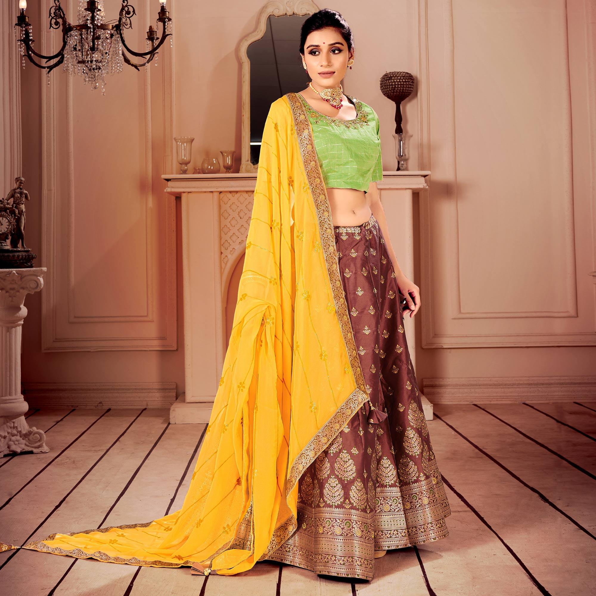 Brown & Green Partywear Floral Embroidery With Woven Silk Lehenga Choli - Peachmode