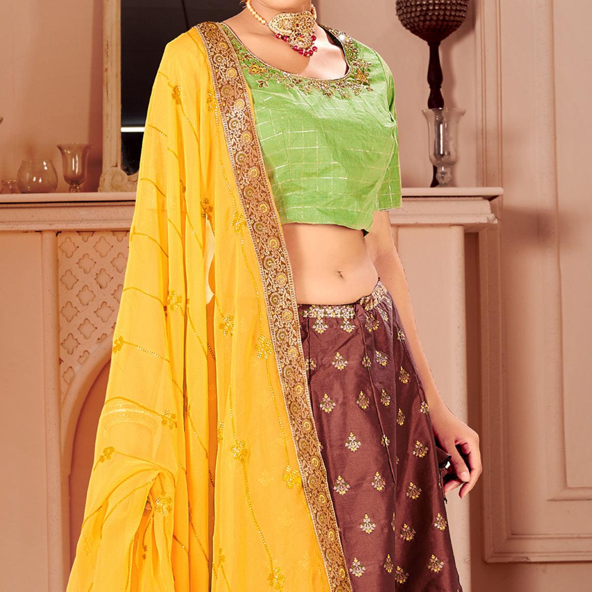 Brown & Green Partywear Floral Embroidery With Woven Silk Lehenga Choli - Peachmode