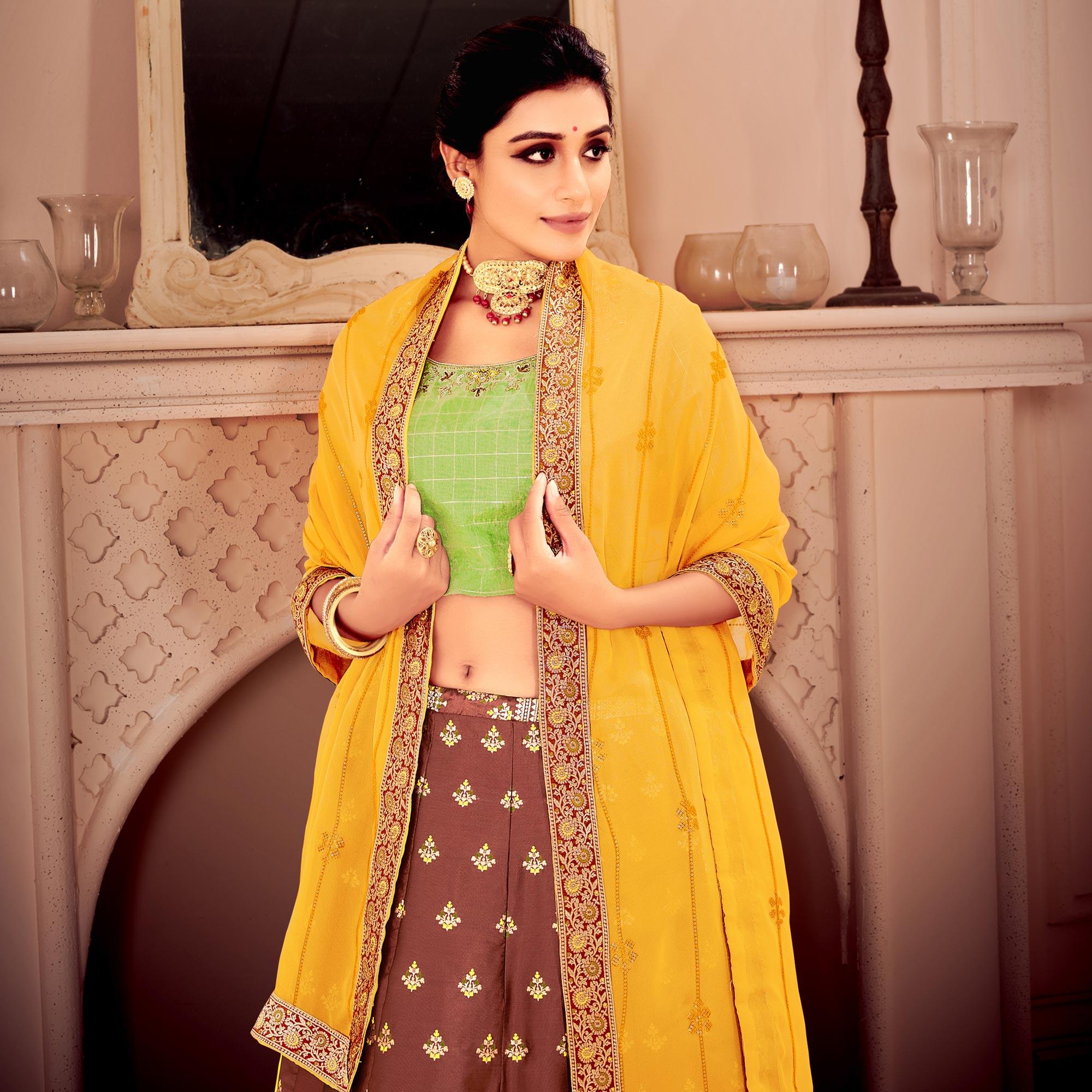 Brown & Green Partywear Floral Embroidery With Woven Silk Lehenga Choli - Peachmode