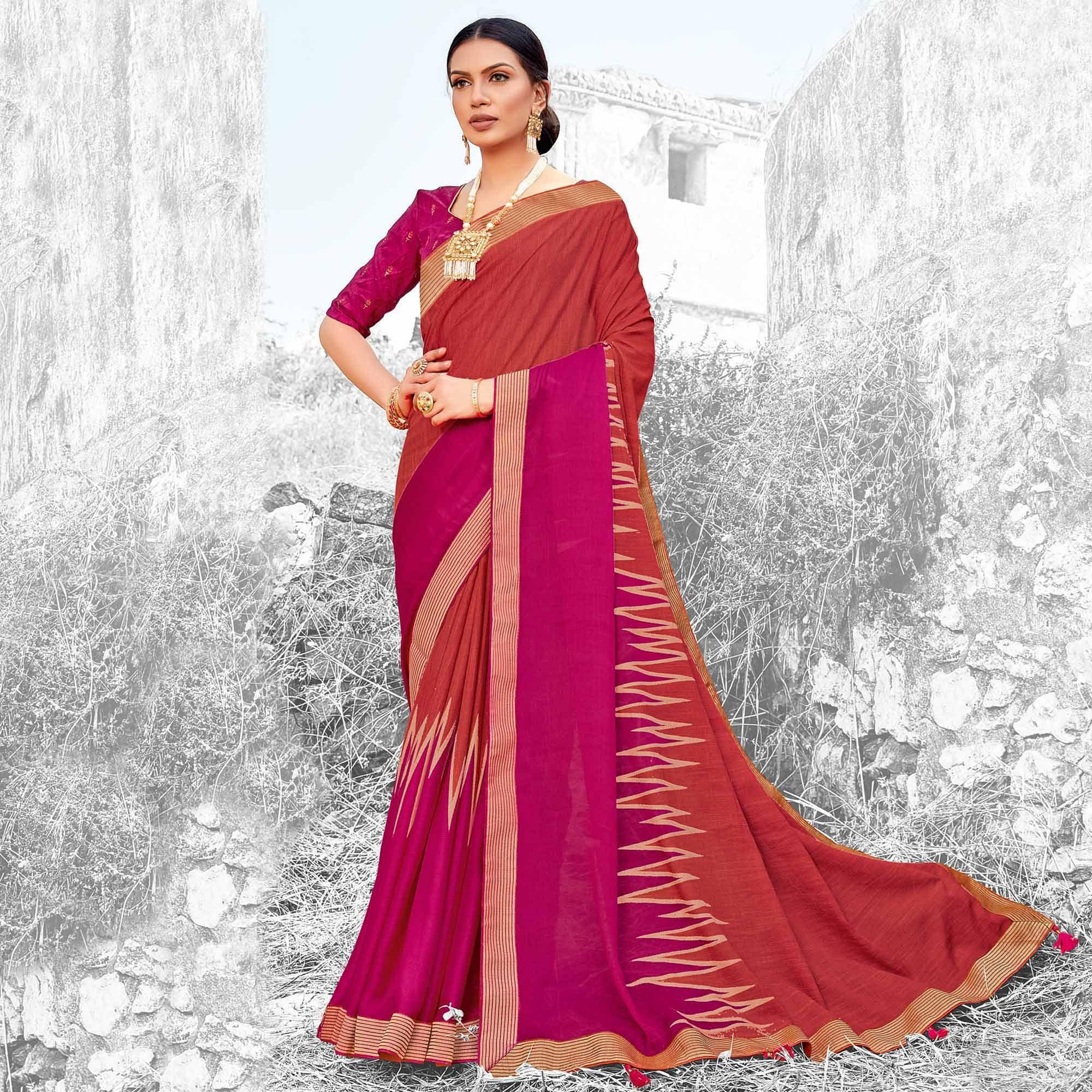 Brown & Pink Coloured Partywear Printed Brasso Saree - Peachmode