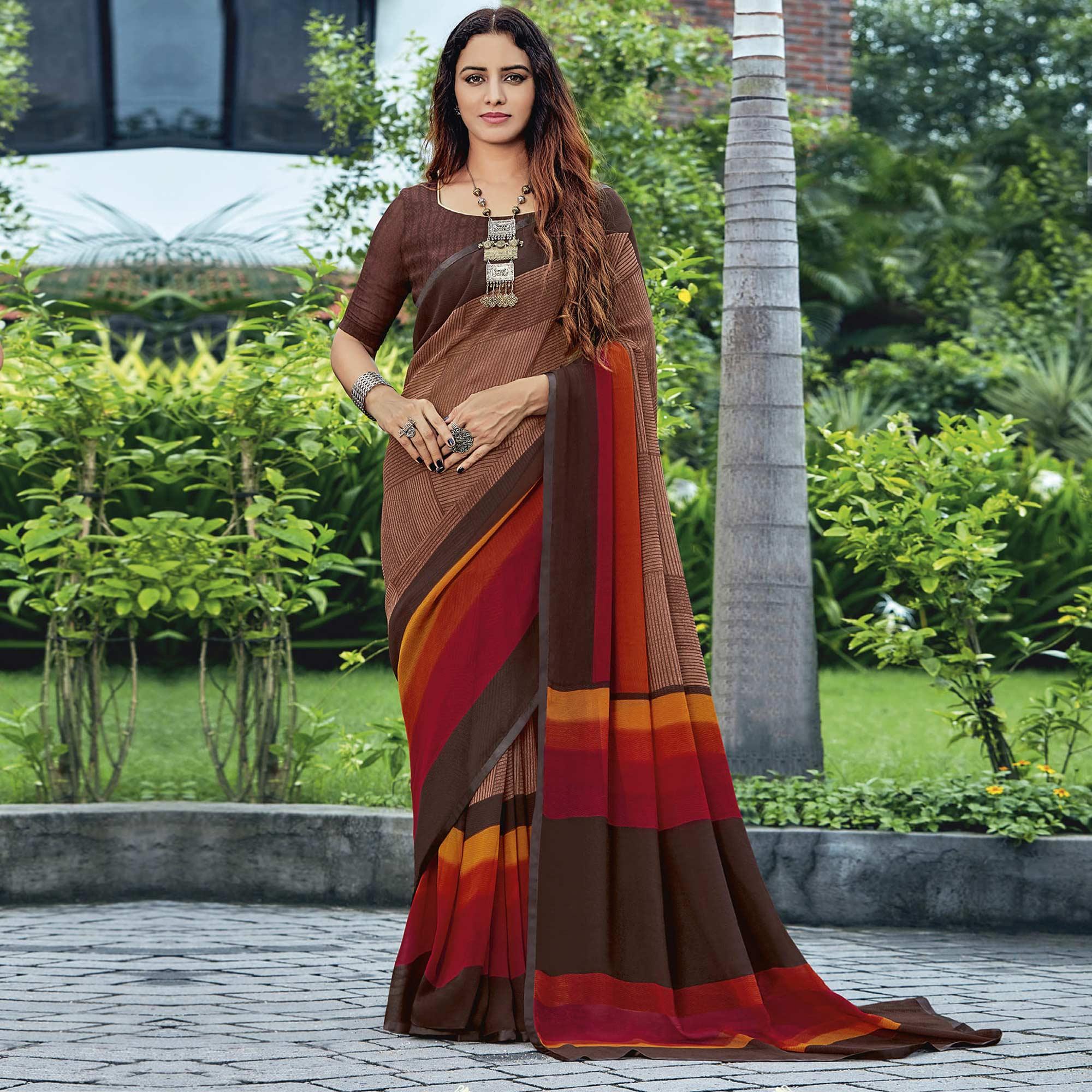Brown & Red Casual Wear Striped Printed Georgette Saree - Peachmode