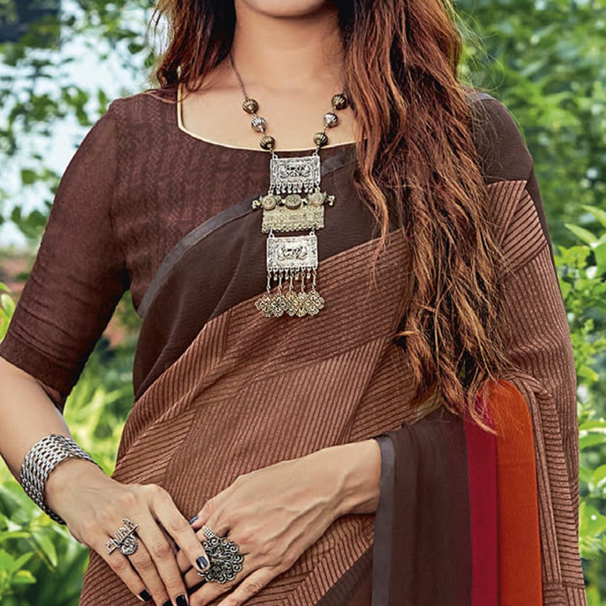 Brown & Red Casual Wear Striped Printed Georgette Saree - Peachmode