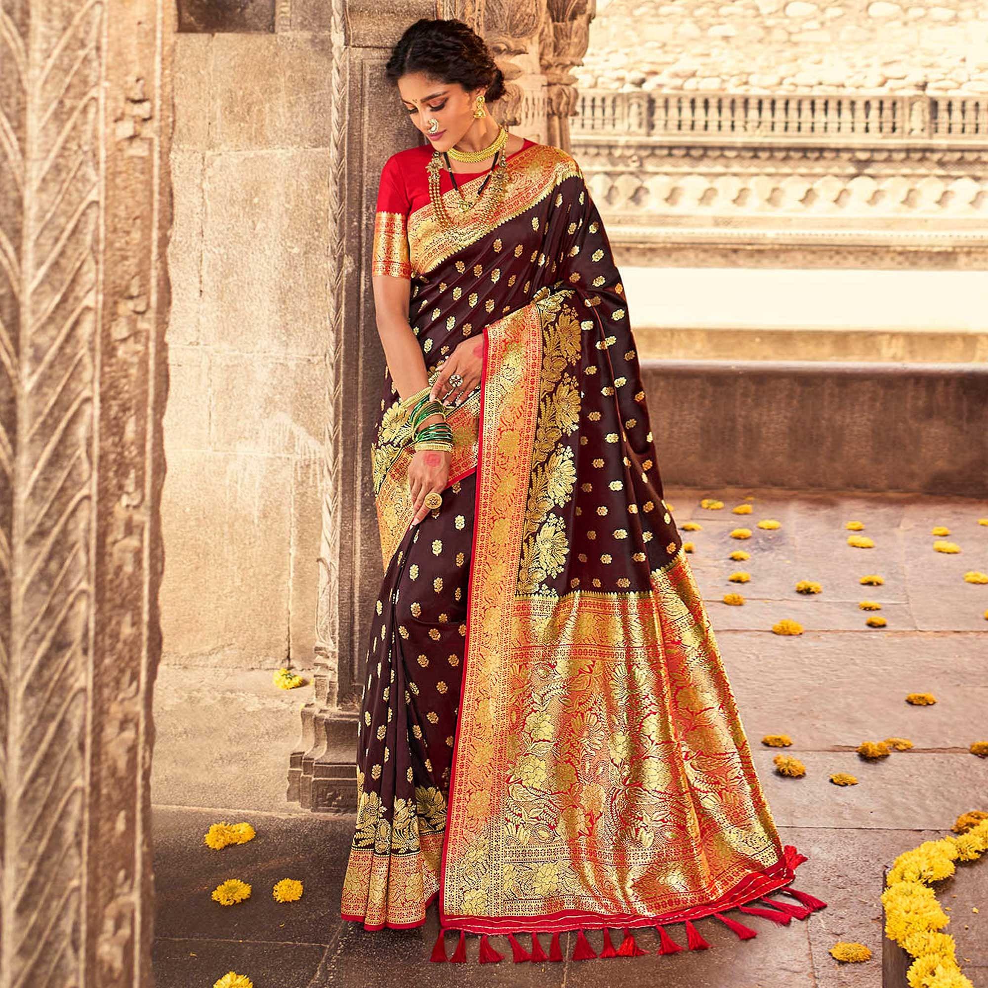 Brown & Red Festive Wear Woven Banarasi Silk Saree - Peachmode