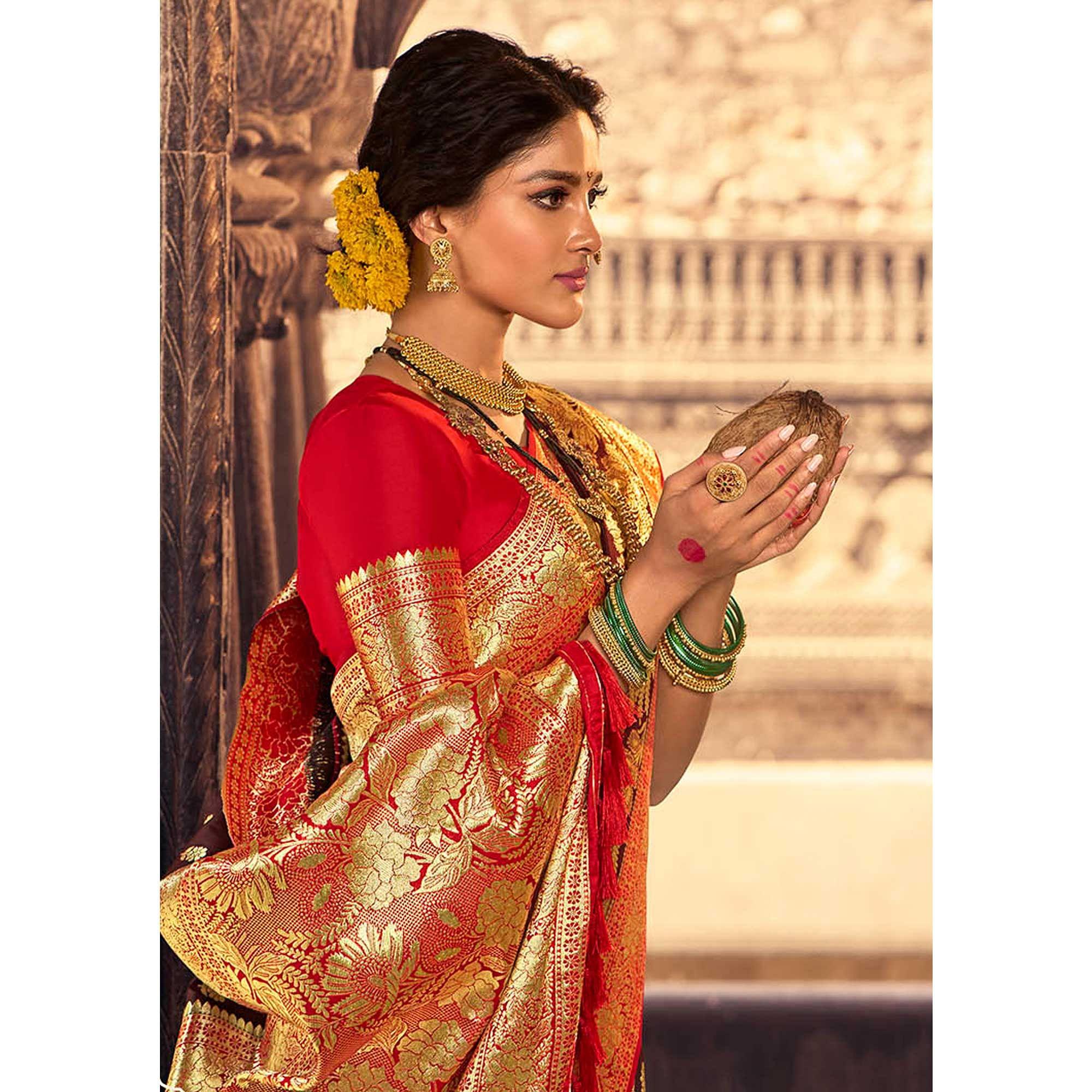 Brown & Red Festive Wear Woven Banarasi Silk Saree - Peachmode