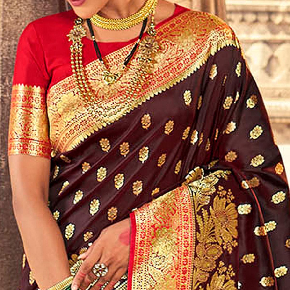 Brown & Red Festive Wear Woven Banarasi Silk Saree - Peachmode