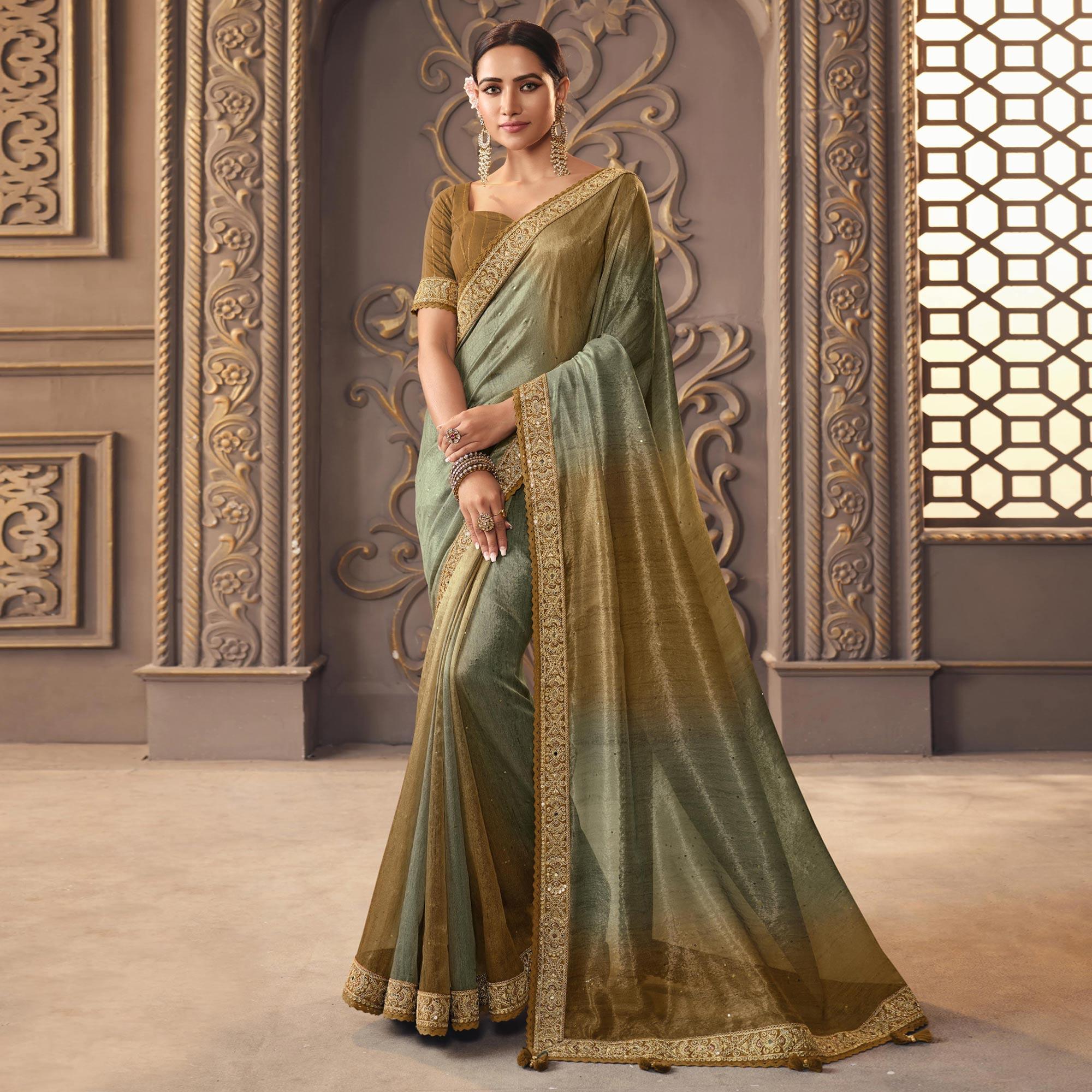 Brown & Sea Green Sequence Embroidered Organza Saree - Peachmode