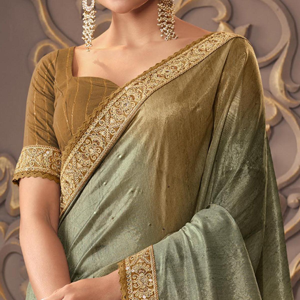 Brown & Sea Green Sequence Embroidered Organza Saree - Peachmode