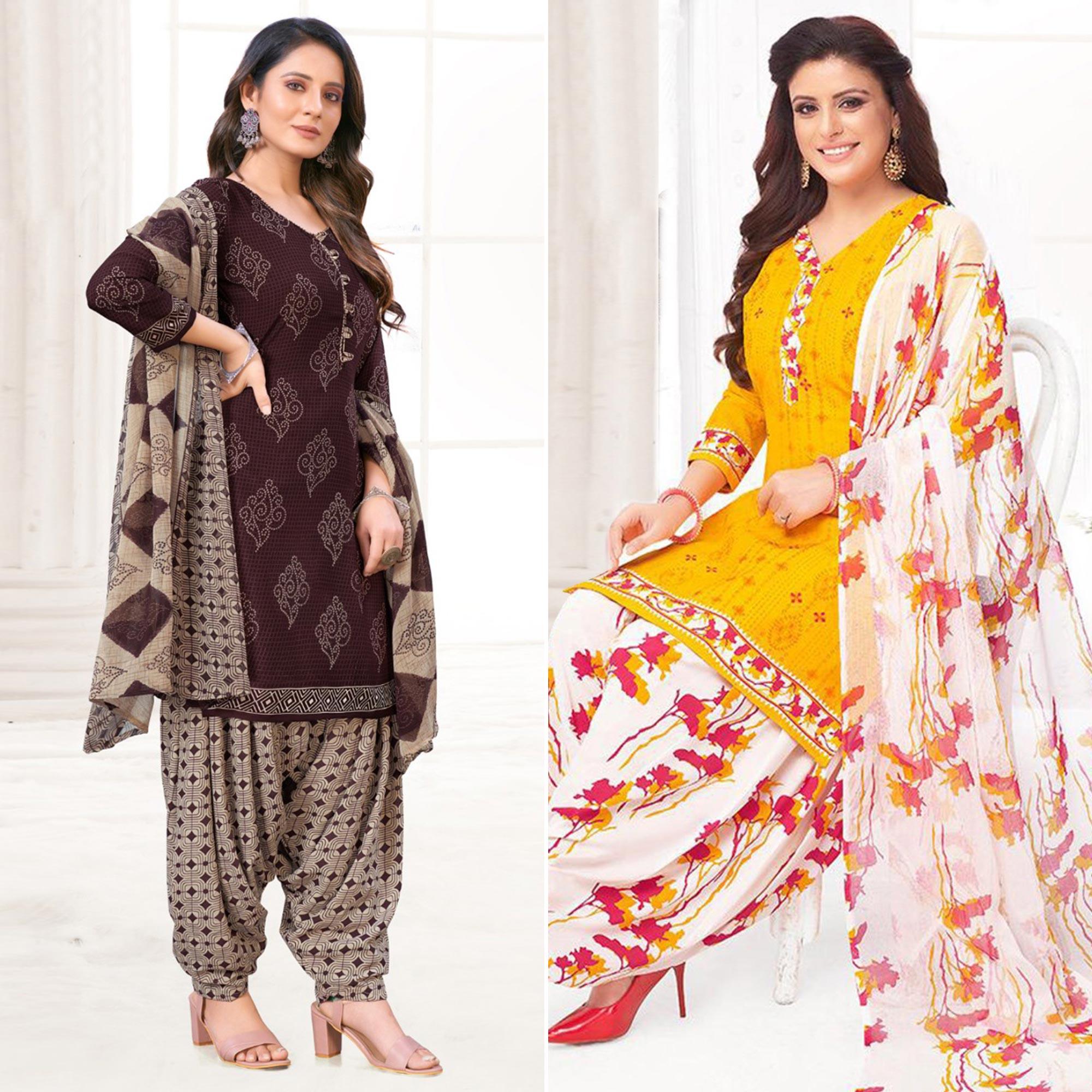 Brown And Yellow Patiala Dress Material Pack Of 2 - Peachmode
