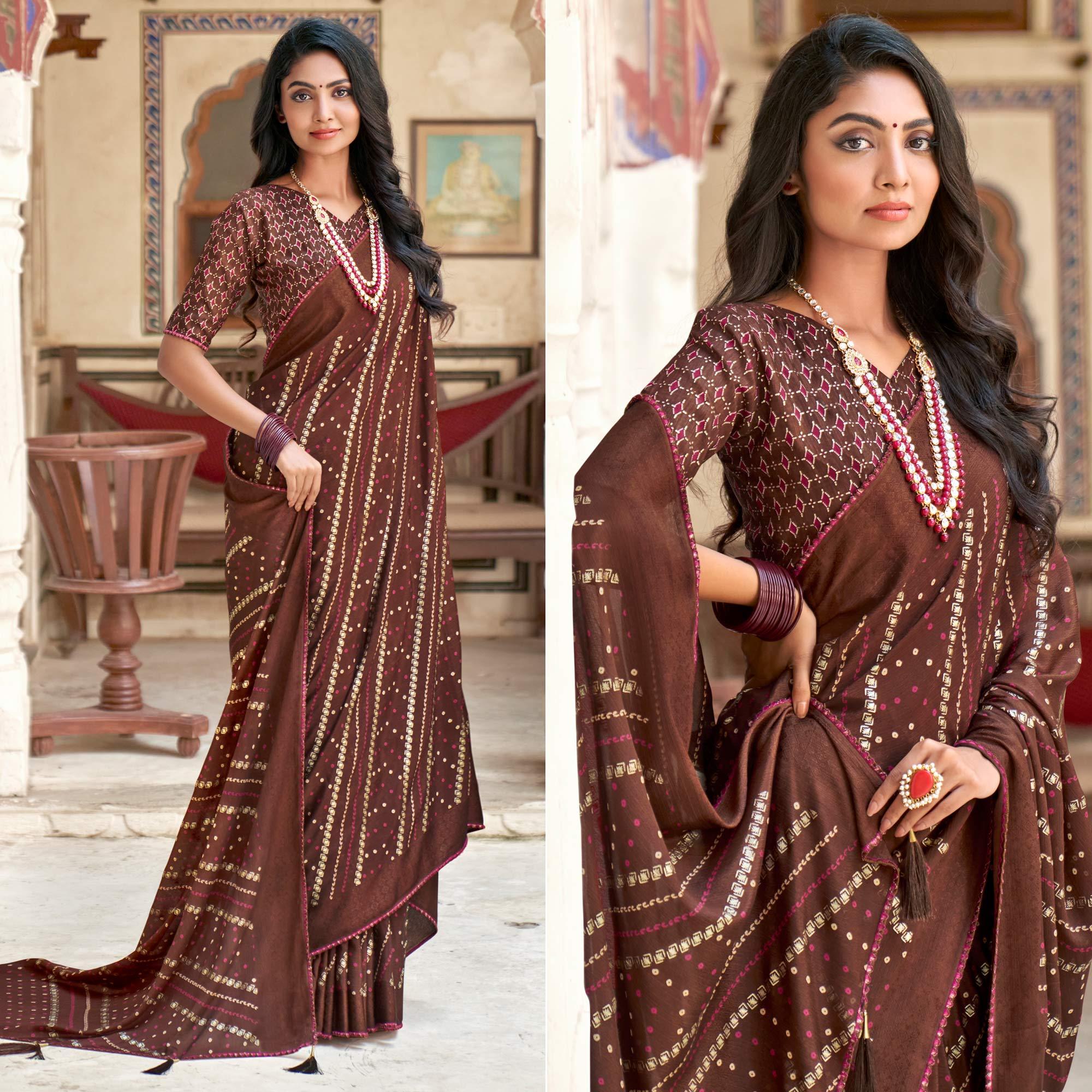 Brown Bandhani Printed Chiffon Saree With Tassels - Peachmode