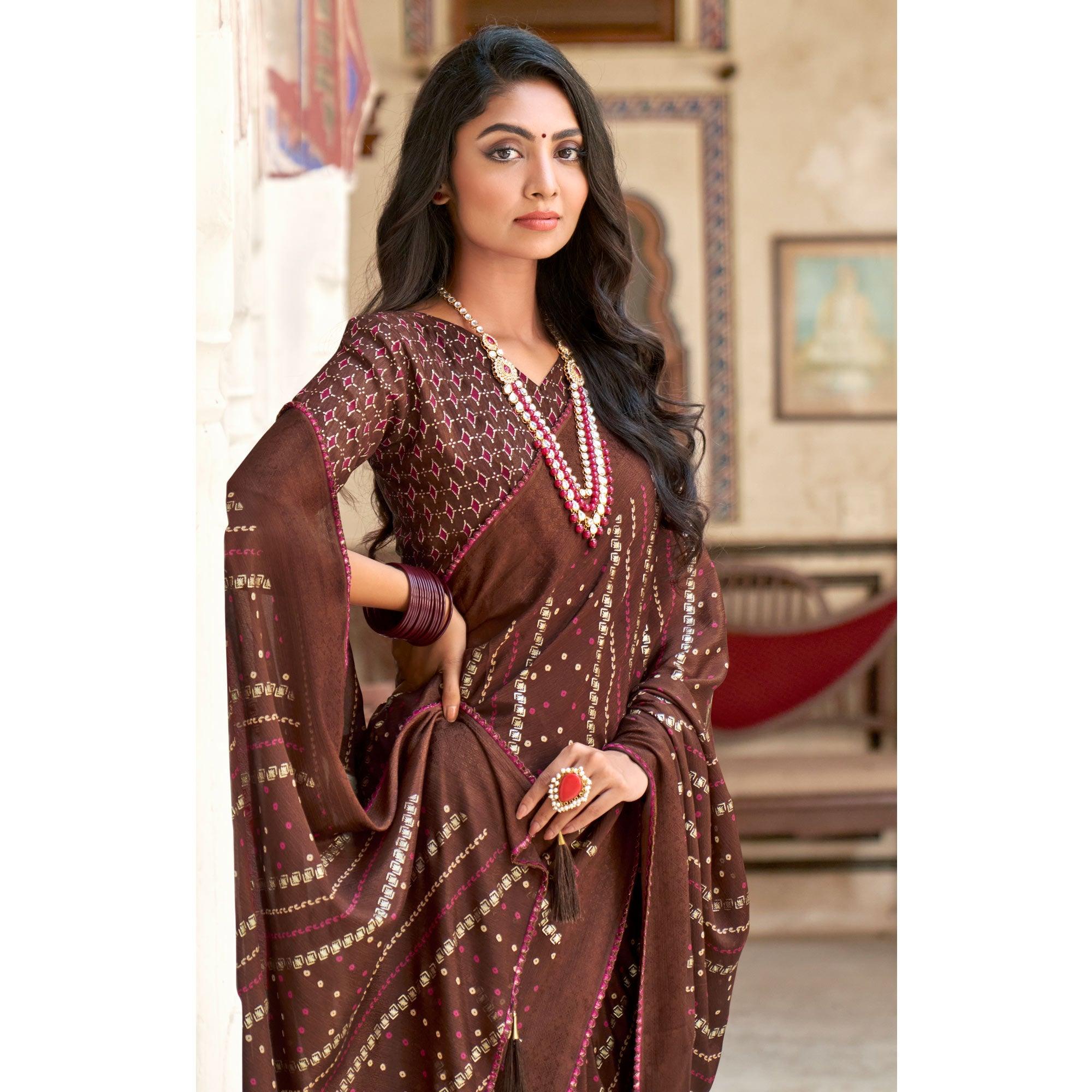 Brown Bandhani Printed Chiffon Saree With Tassels - Peachmode
