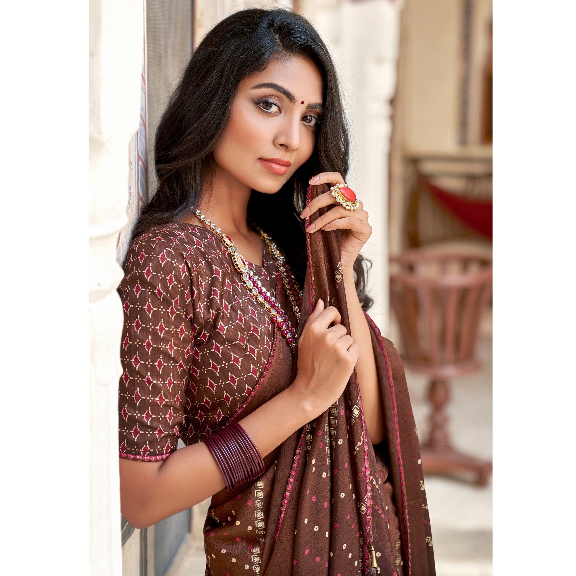 Brown Bandhani Printed Chiffon Saree With Tassels - Peachmode