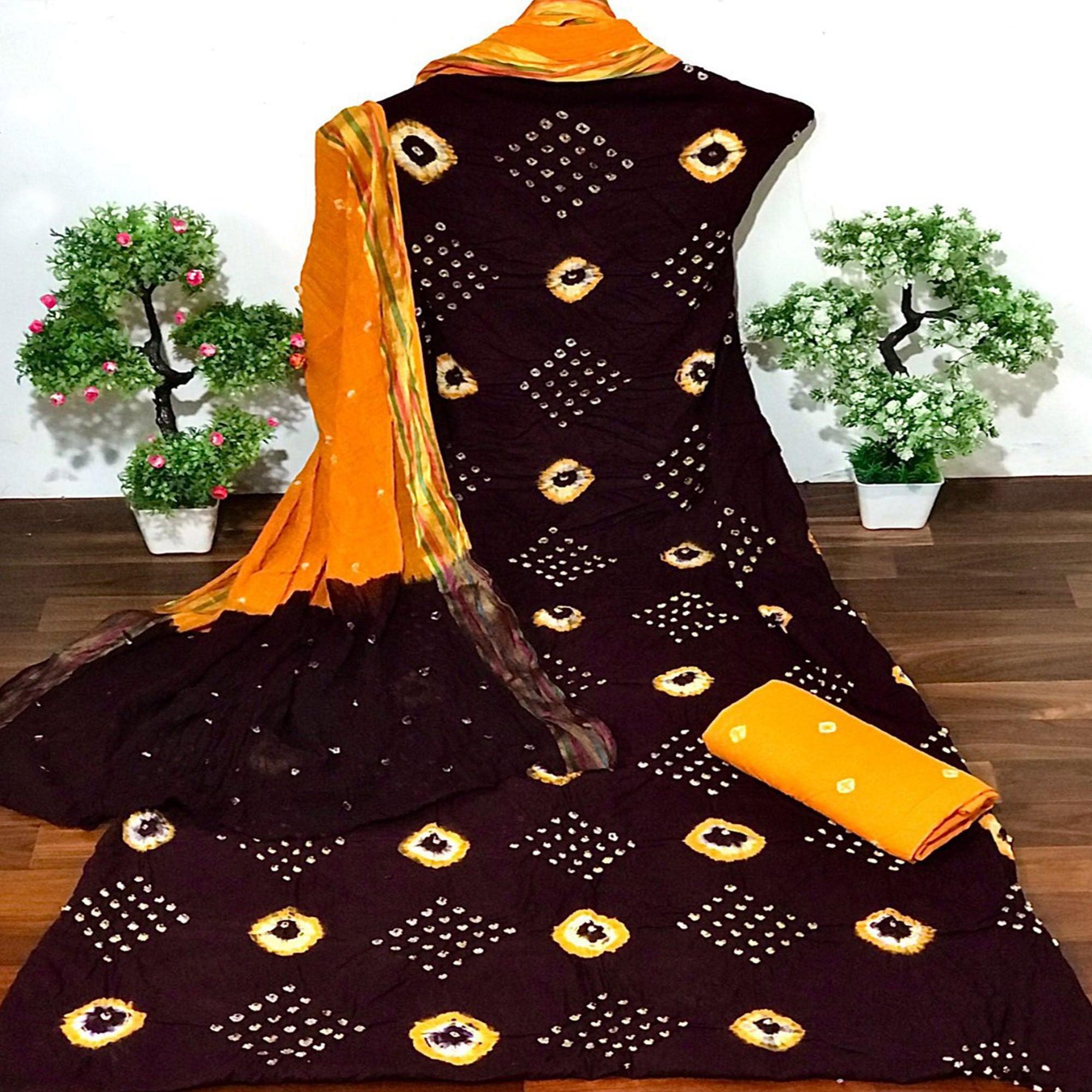 Brown Bandhani Printed Cotton Dress Material - Peachmode