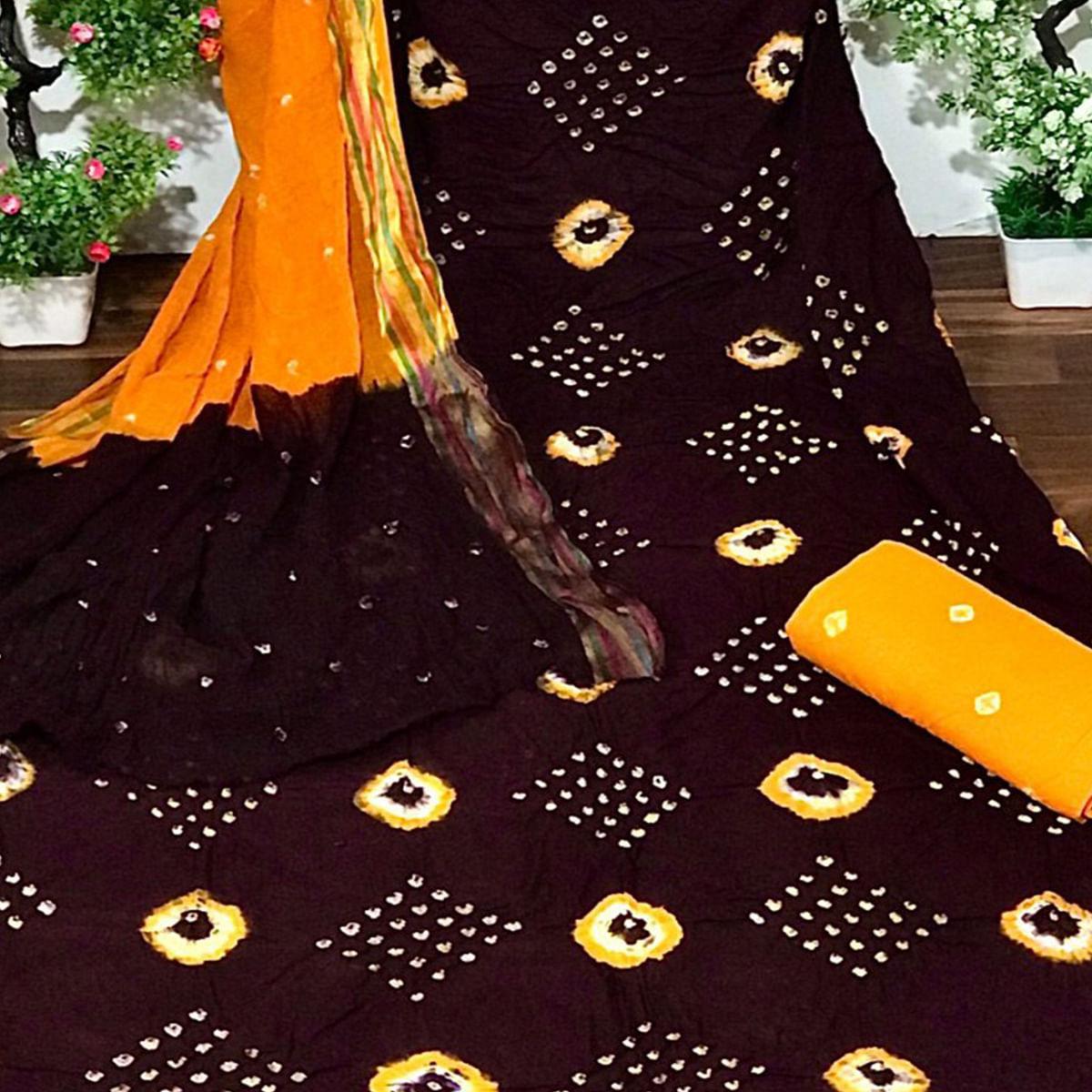 Brown Bandhani Printed Cotton Dress Material - Peachmode