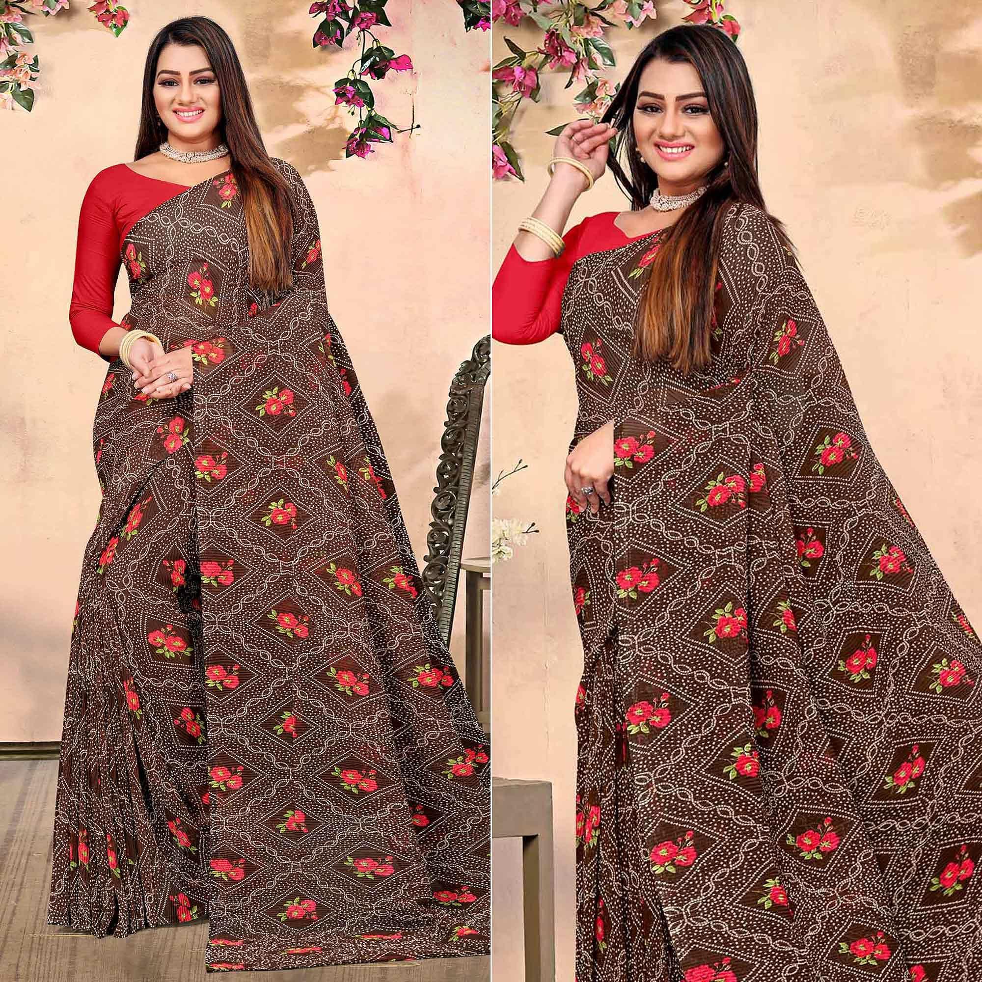 Brown Bandhani Printed Georgette Saree - Peachmode
