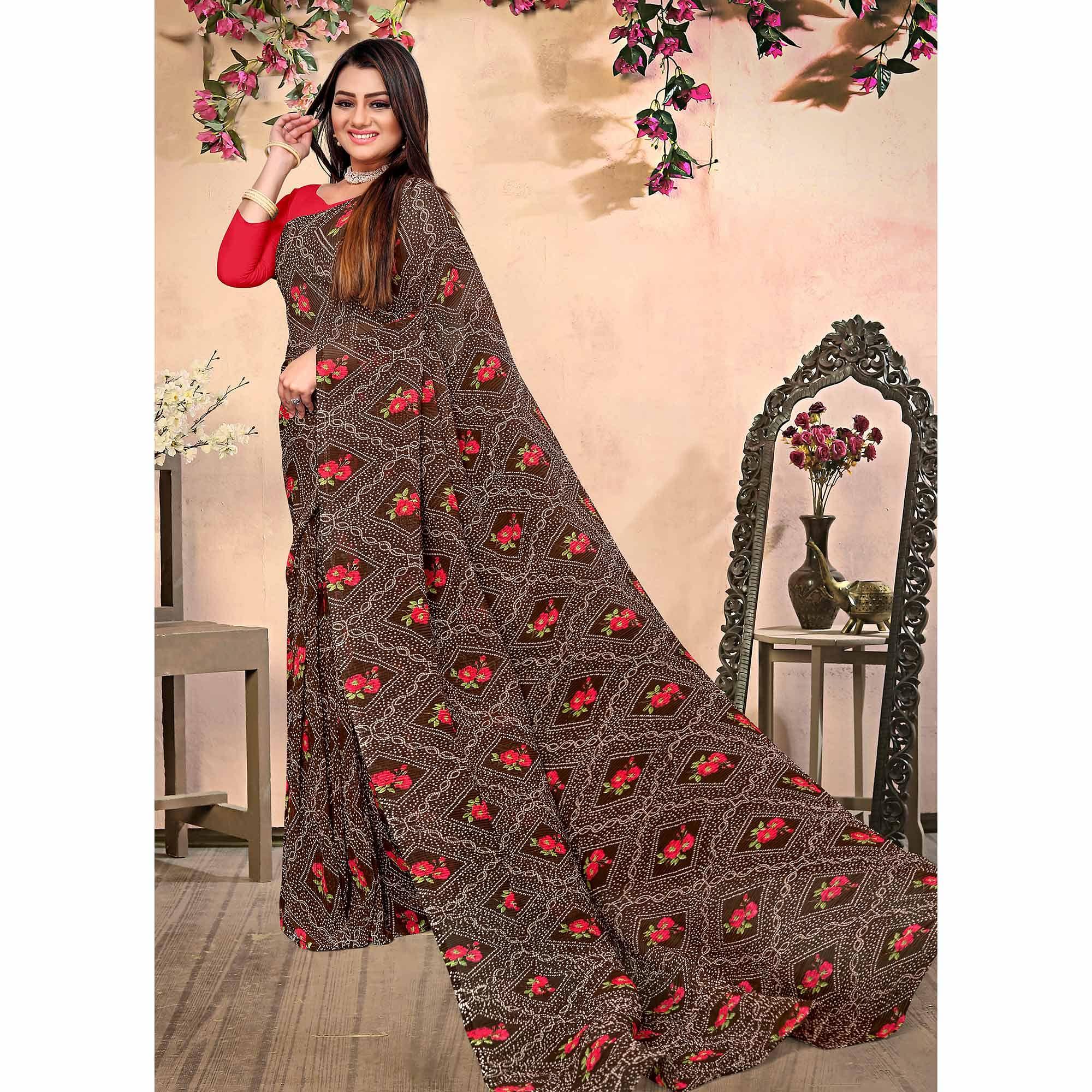 Brown Bandhani Printed Georgette Saree - Peachmode