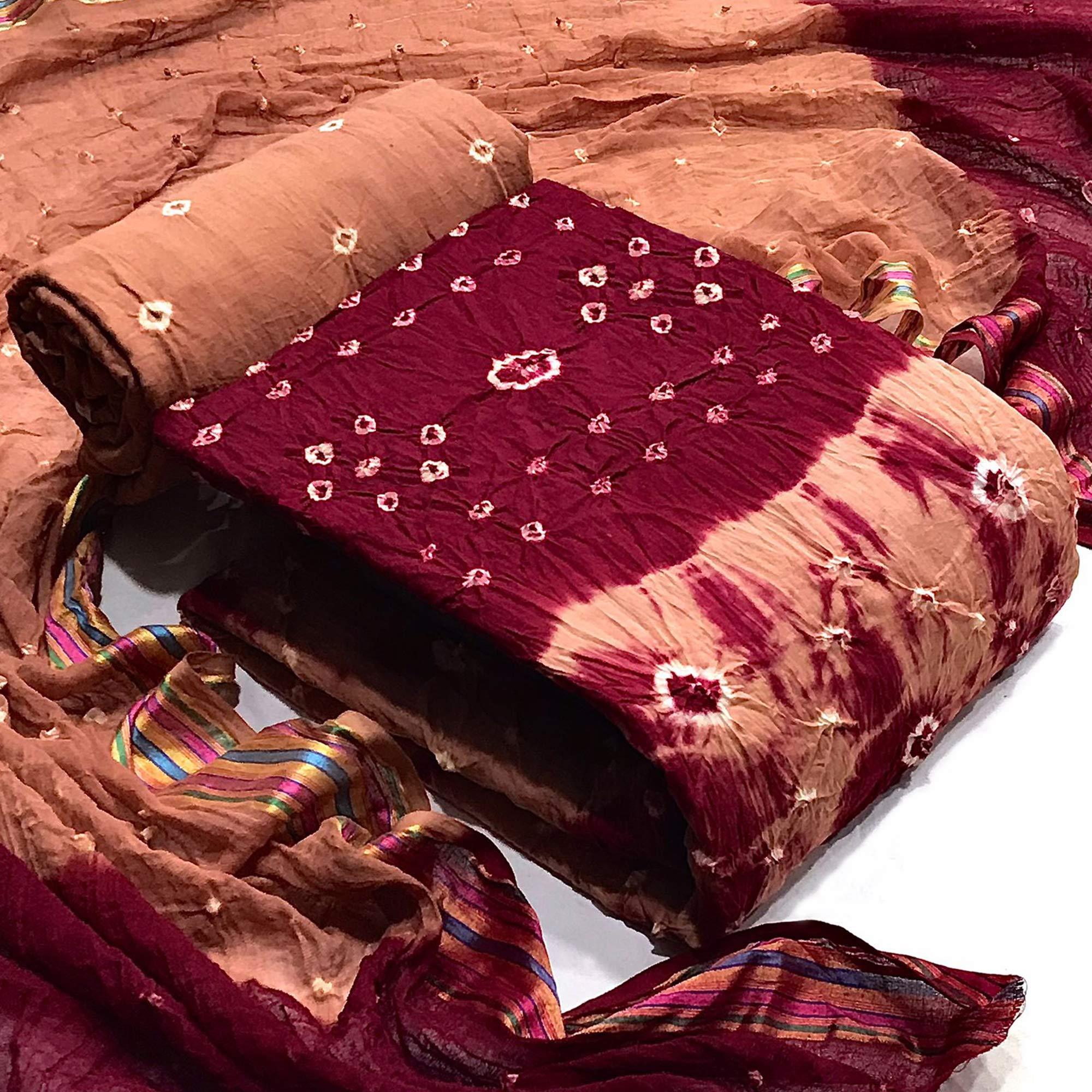 Brown Bandhani Printed Poly Cotton Dress Material - Peachmode