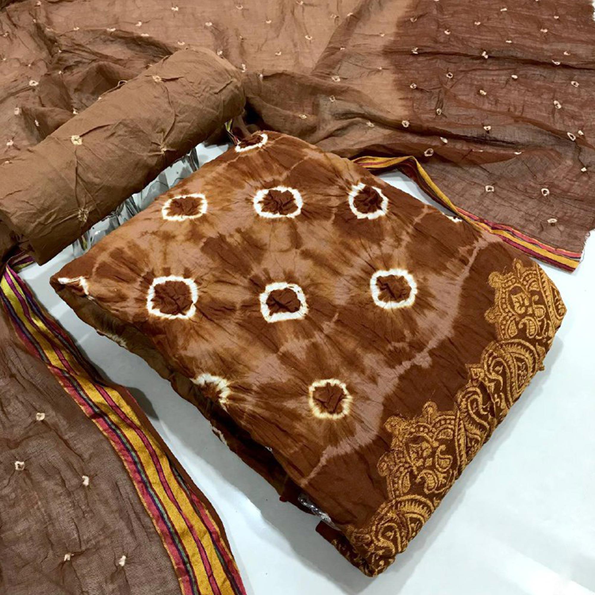 Brown Bandhani Printed Pure Cotton Dress Material - Peachmode