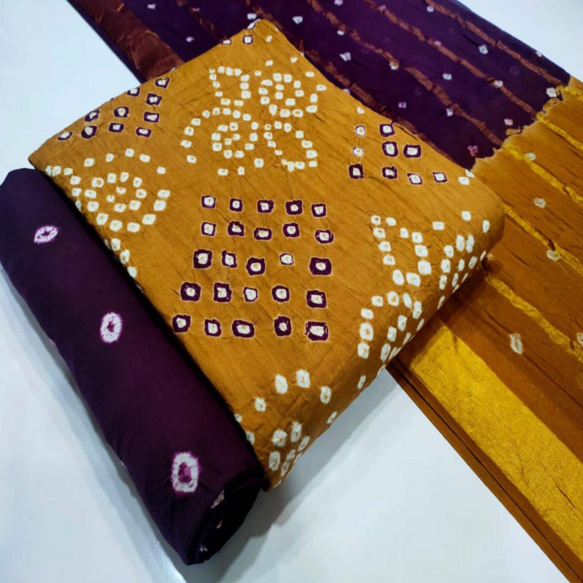 Brown Bandhani Printed Pure Cotton Dress Material - Peachmode