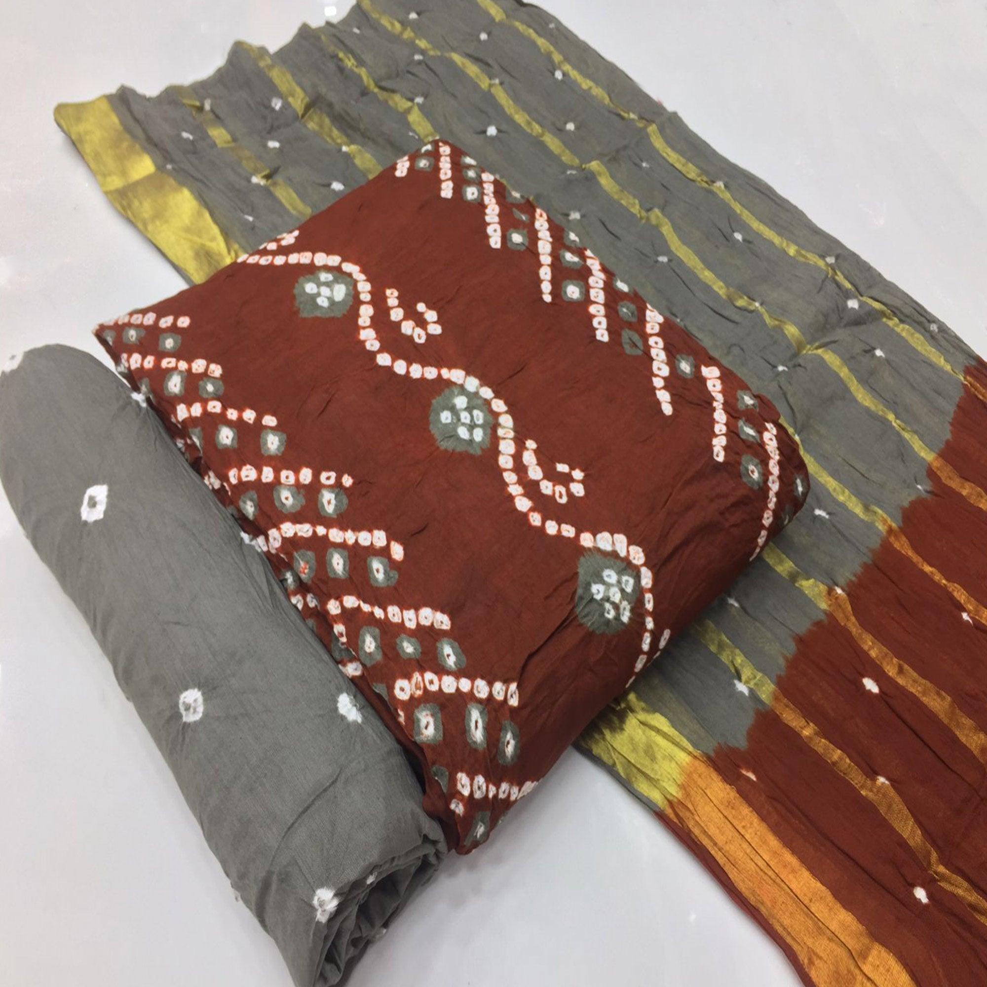 Brown Bandhani Printed Pure Cotton Dress Material - Peachmode