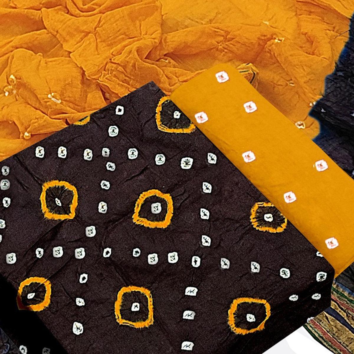 Brown Bandhani Printed Pure Cotton Dress Material - Peachmode