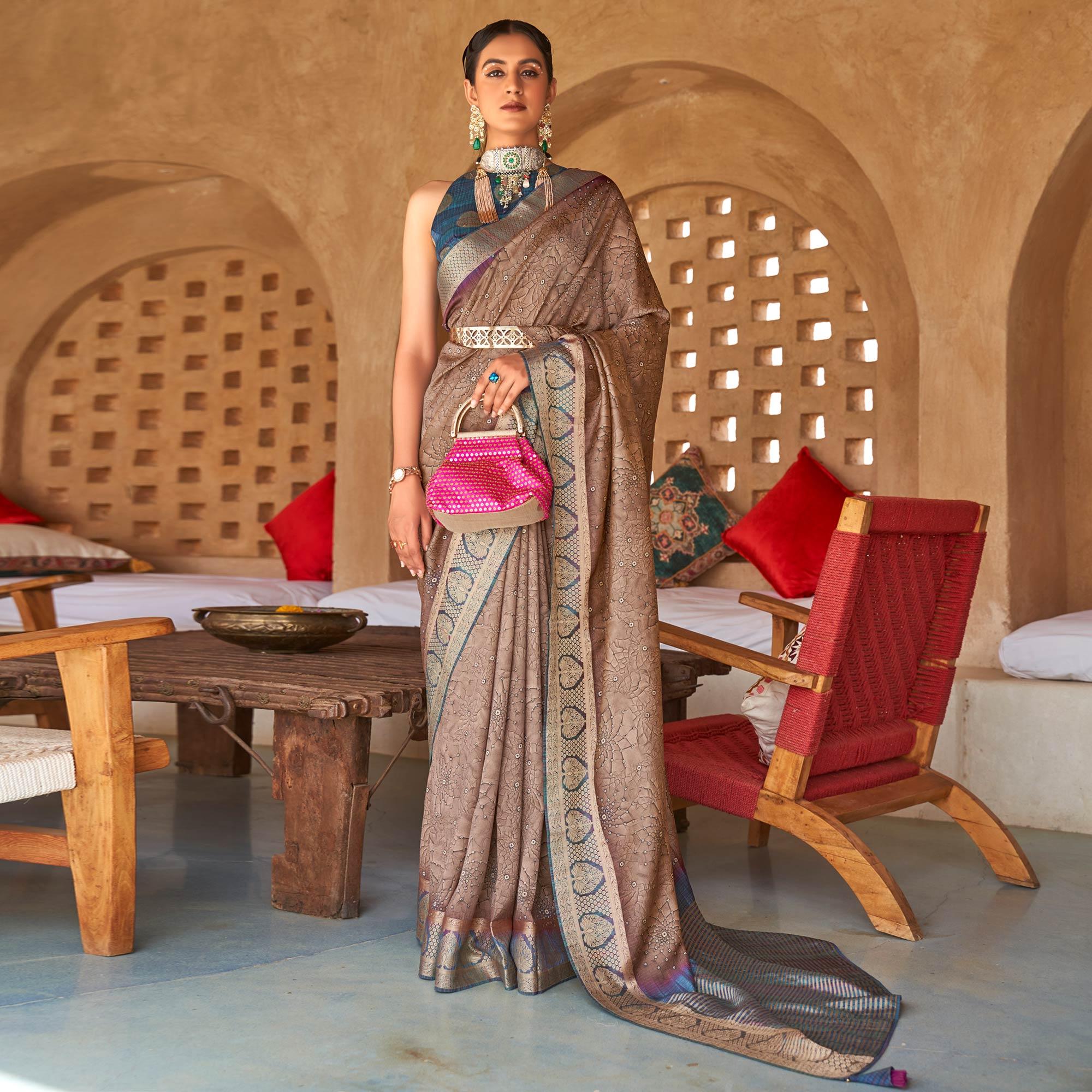 Brown Bandhani Printed With Woven Border Art Silk Saree - Peachmode