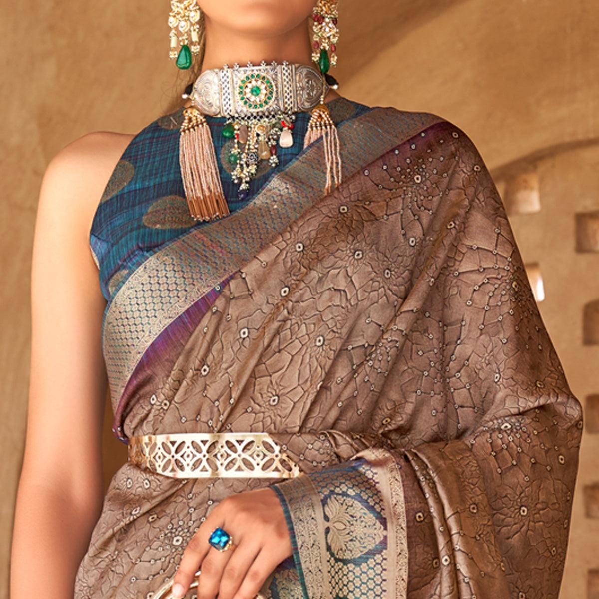 Brown Bandhani Printed With Woven Border Art Silk Saree - Peachmode