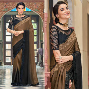 Brown-Black Floral Sequence Embroidered Art Silk Saree - Peachmode
