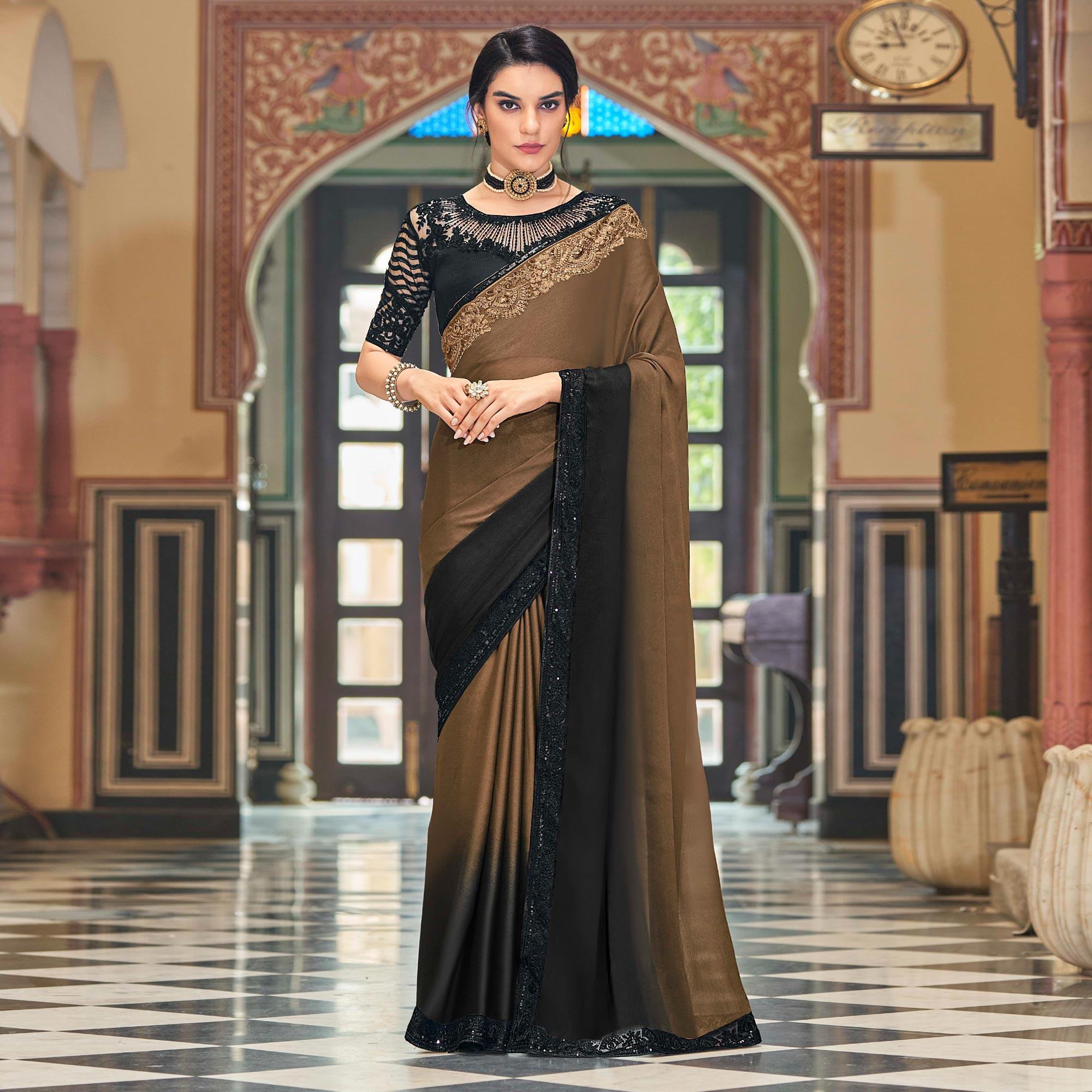 Brown-Black Floral Sequence Embroidered Art Silk Saree - Peachmode