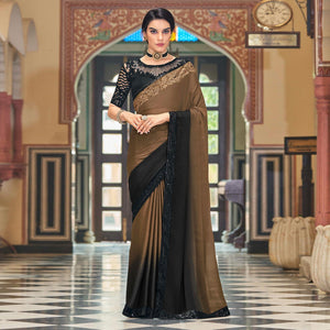 Brown-Black Floral Sequence Embroidered Art Silk Saree - Peachmode