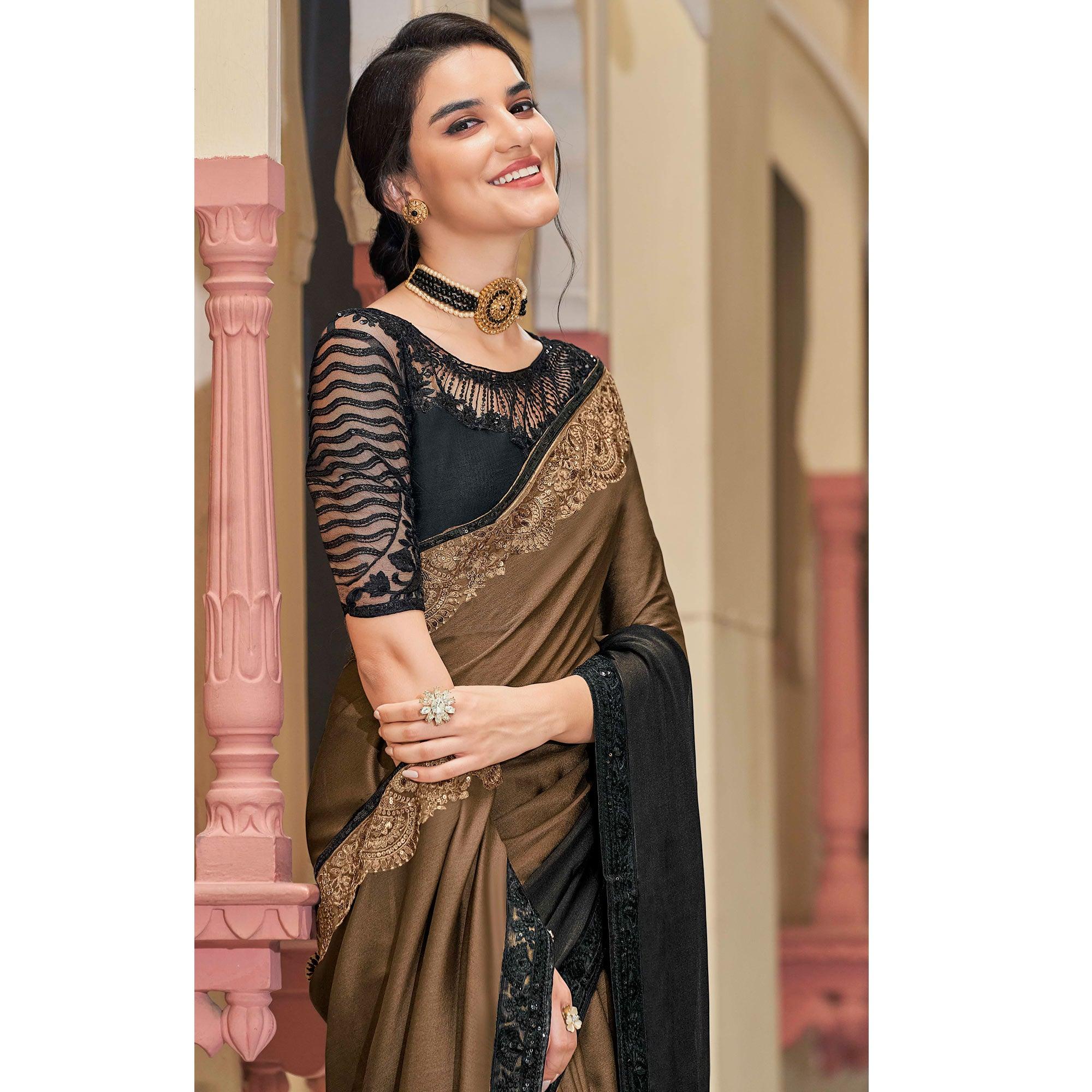 Brown-Black Floral Sequence Embroidered Art Silk Saree - Peachmode
